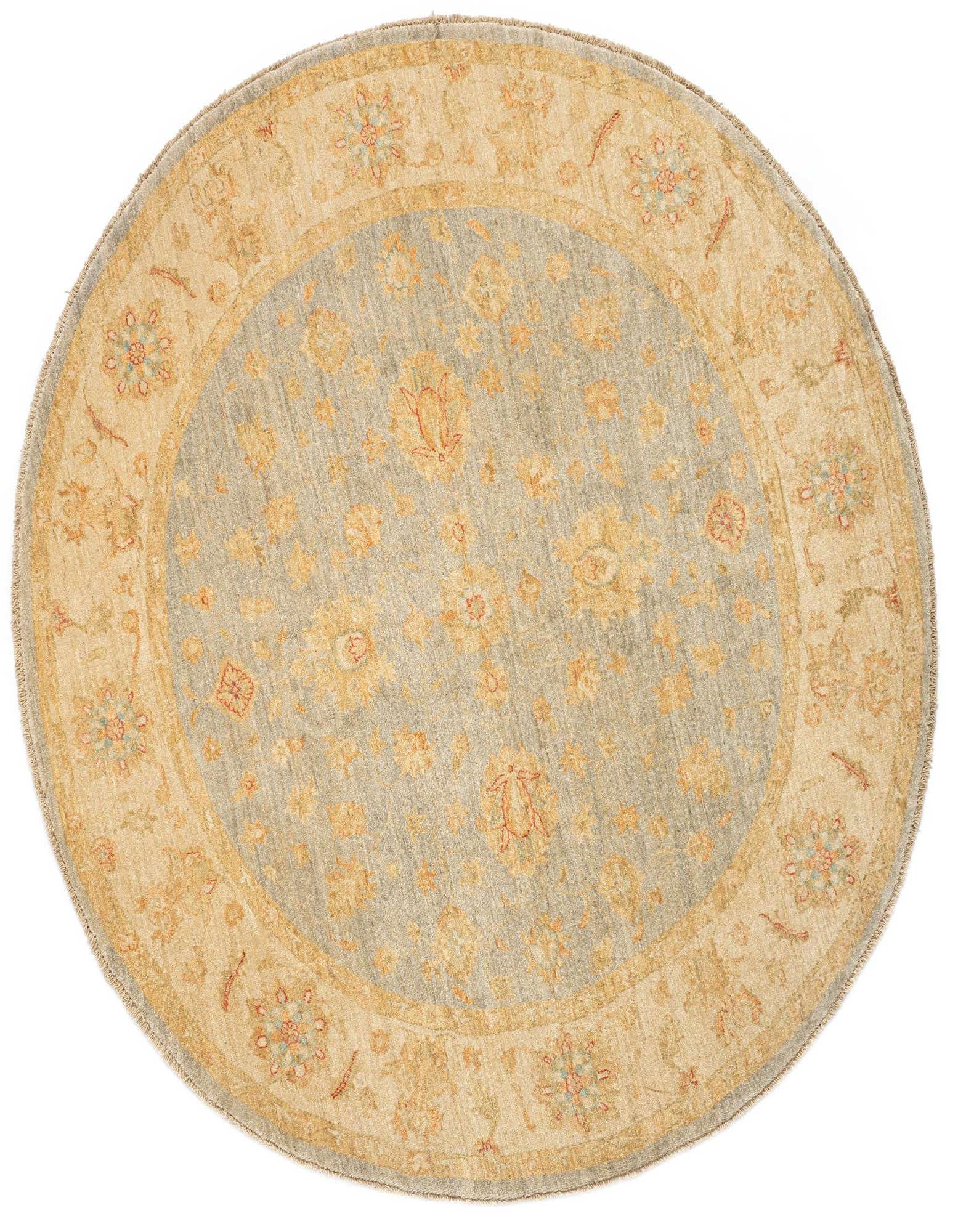 A round Kaizar Persian wool rug, 6' 6 x 6' 8, featuring a light blue-grey center with gold and red floral motifs, surrounded by a tan border with similar patterns.