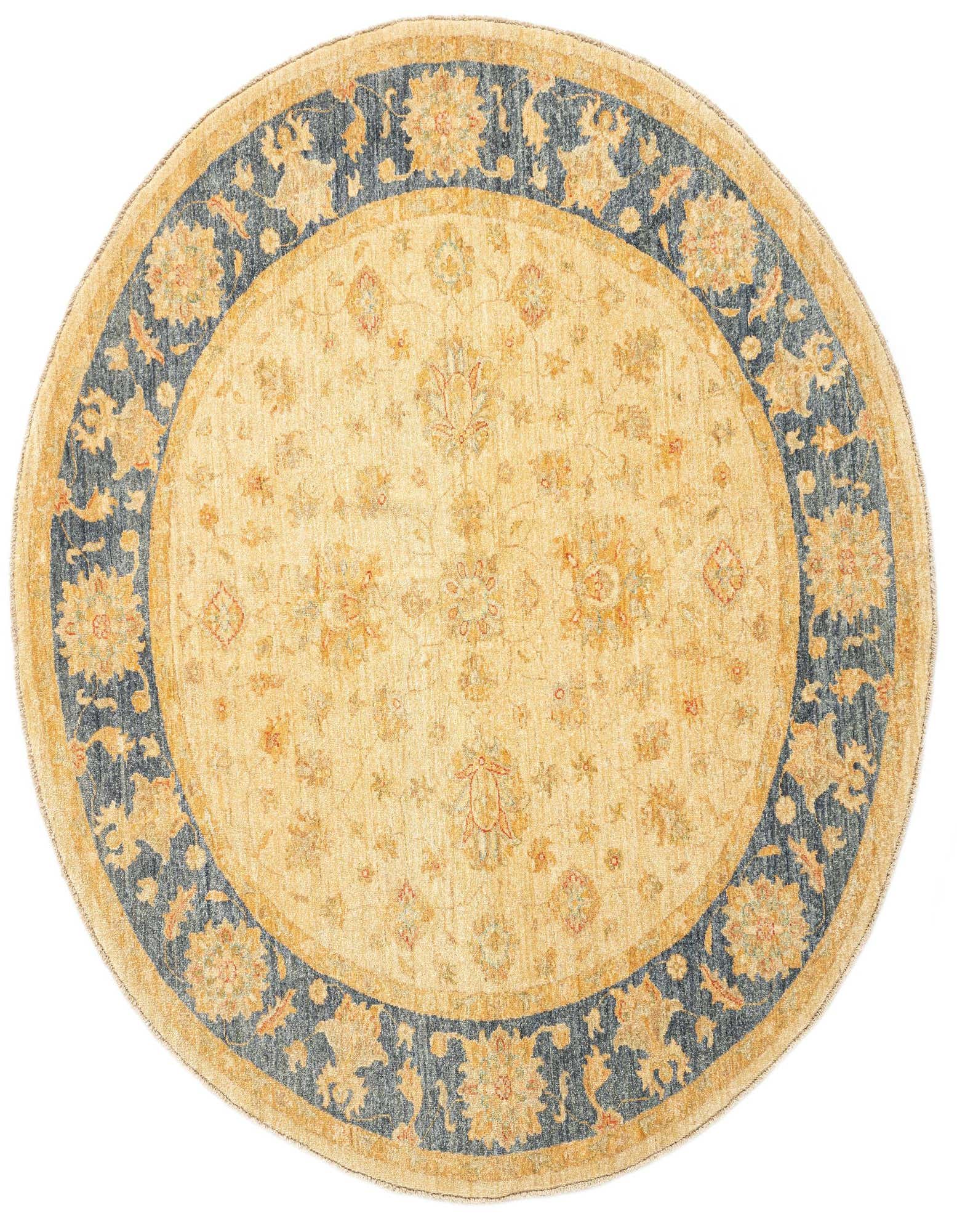 A round 6' 7 x 6' 7 Persian rug featuring a cream and tan center with intricate floral patterns, bordered by a wide navy blue band with gold and rust motifs.
