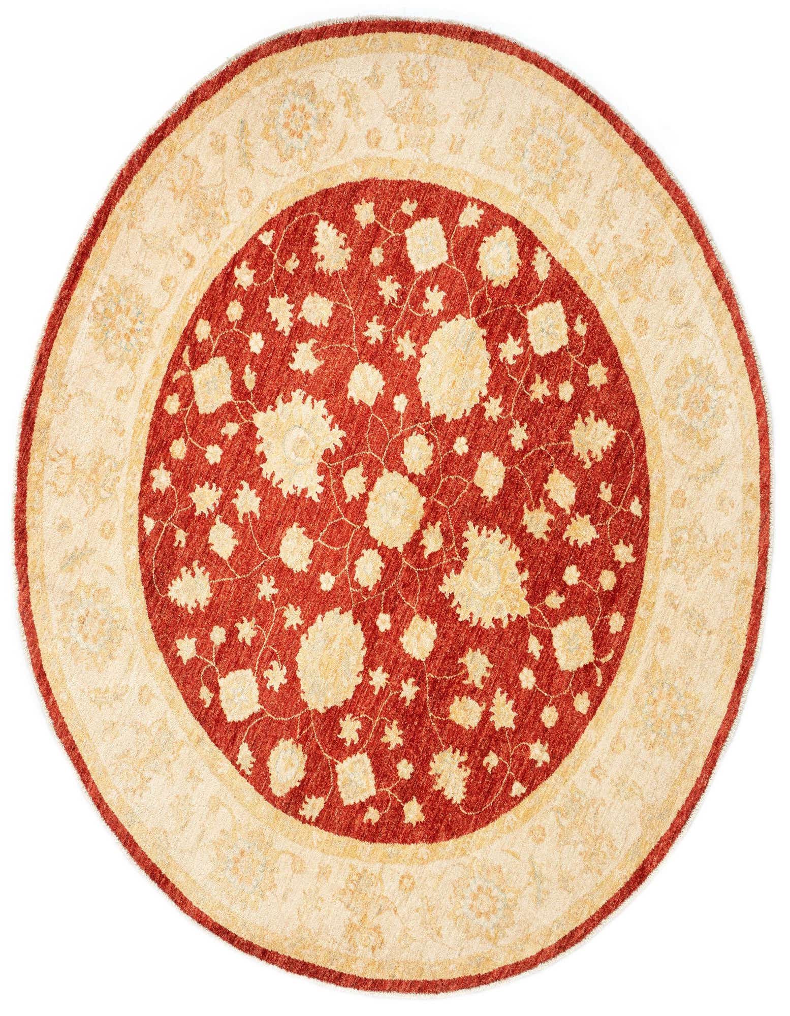 A round Kaizar Persian rug, 6' 7 x 6' 8, featuring a rich brown center with ivory floral motifs and a complementary ivory border.