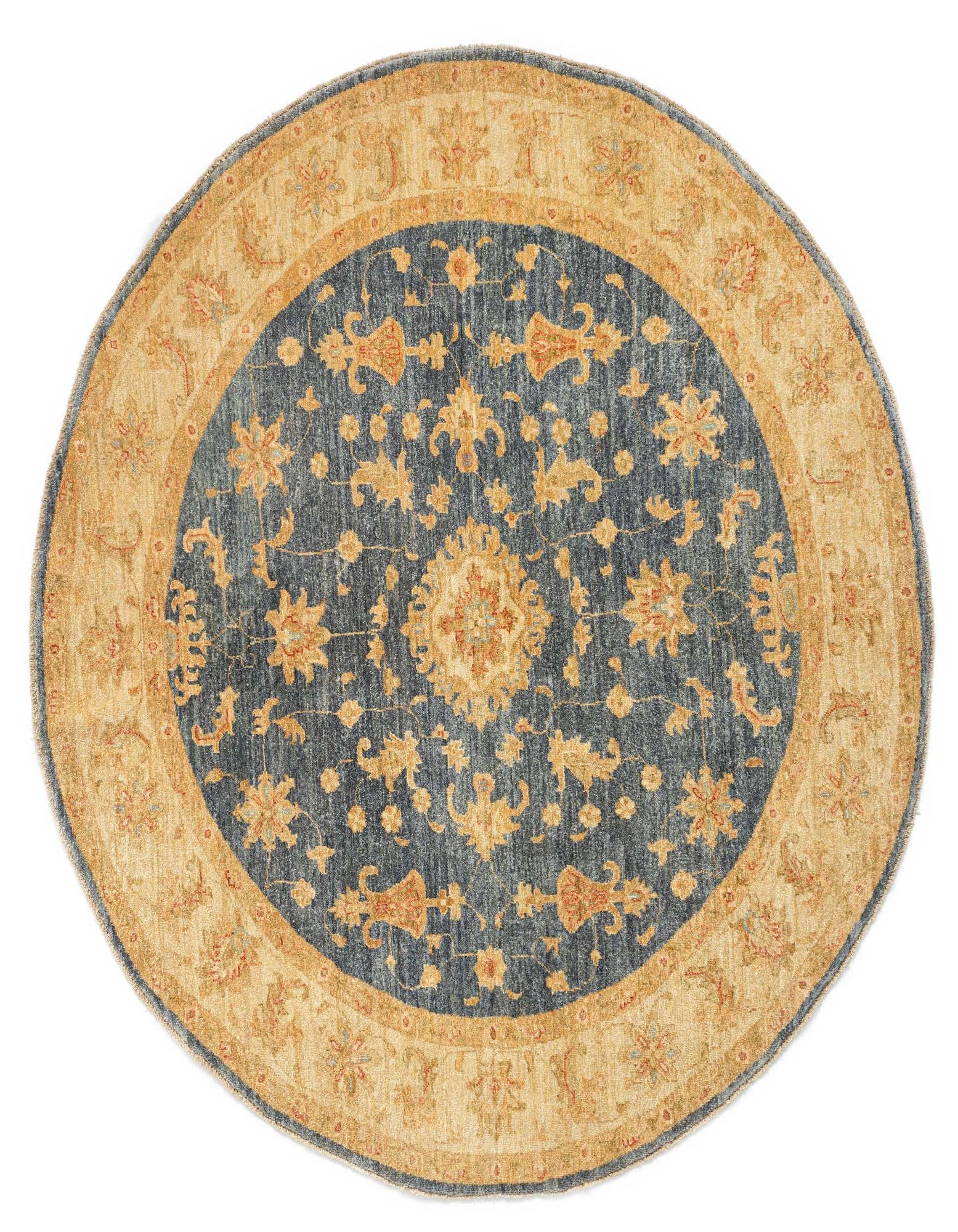 A round 6' 5 x 6' 8 Persian rug featuring a dark blue center with intricate gold and red floral patterns, surrounded by a wide tan border with complementary traditional motifs.