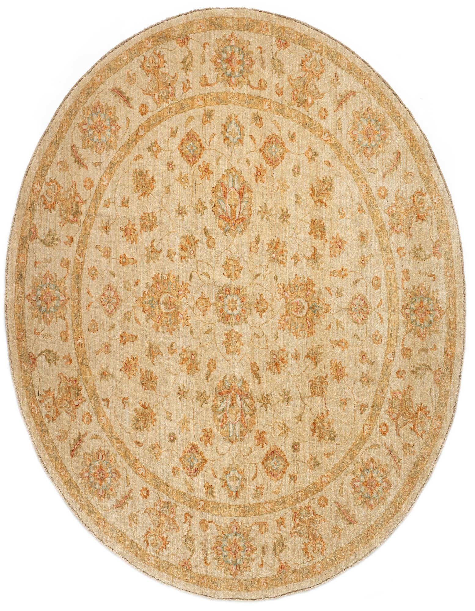 A round, handmade 6' 8 x 6' 9 Persian wool rug in shades of brown, tan, and cream, featuring an intricate floral medallion pattern.