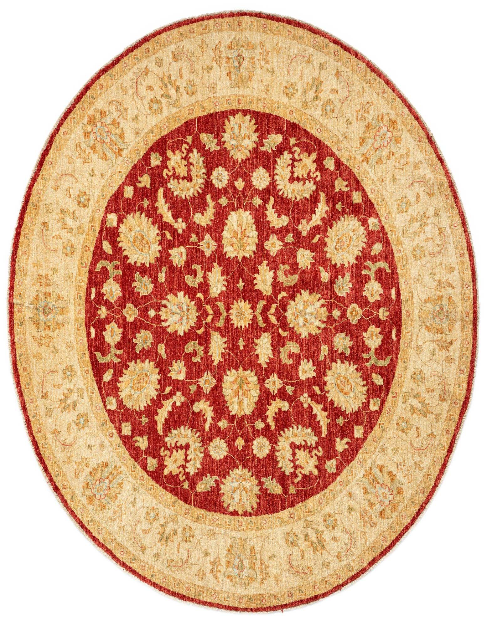 A round, handmade Kaizar Persian rug, 6' 7 x 6' 8, featuring a rich red center with gold floral motifs and a wide cream border.