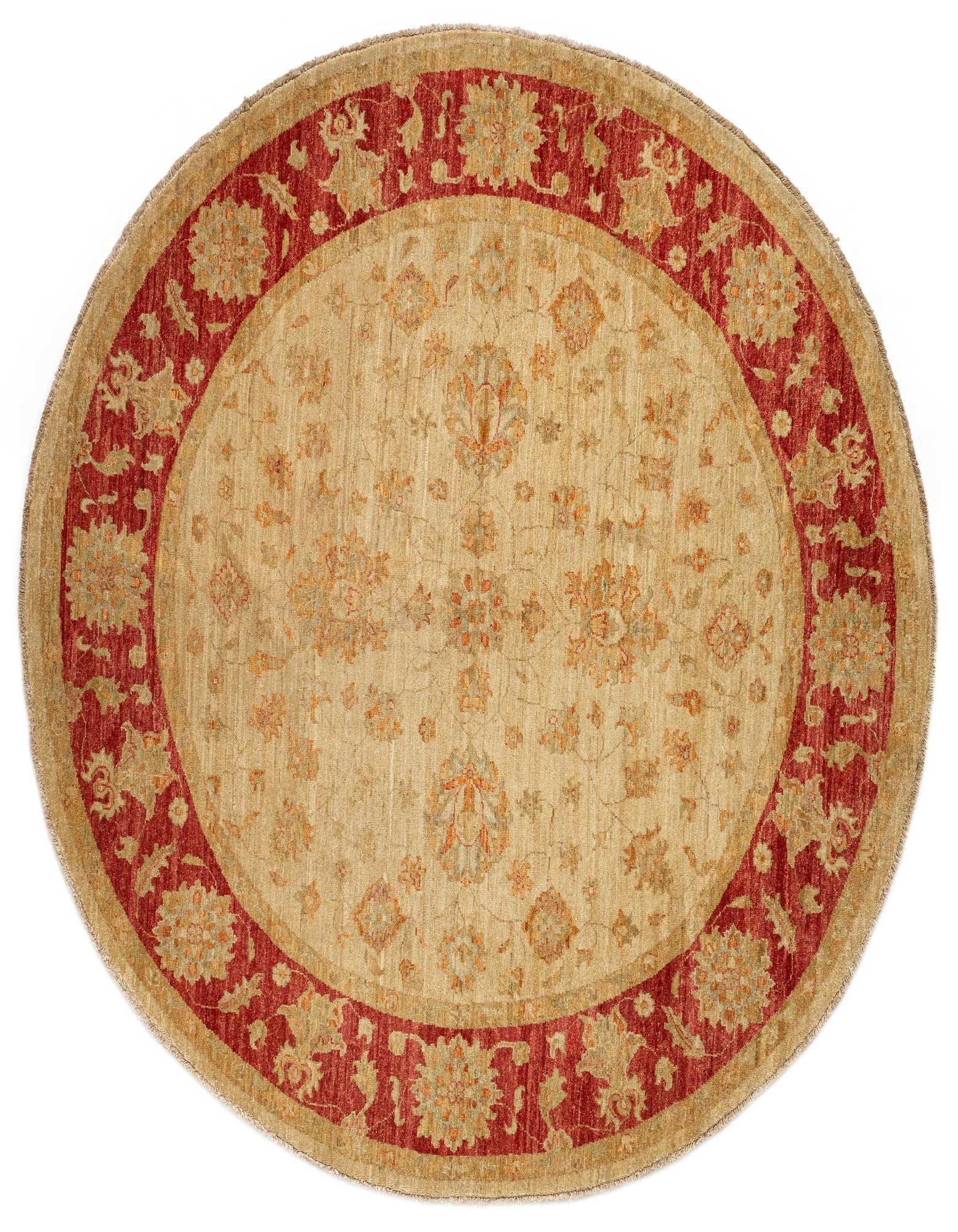 A round 6' 5 x 6' 6 Persian rug features a tan and ivory field with a rich red border, adorned with intricate floral and medallion patterns.