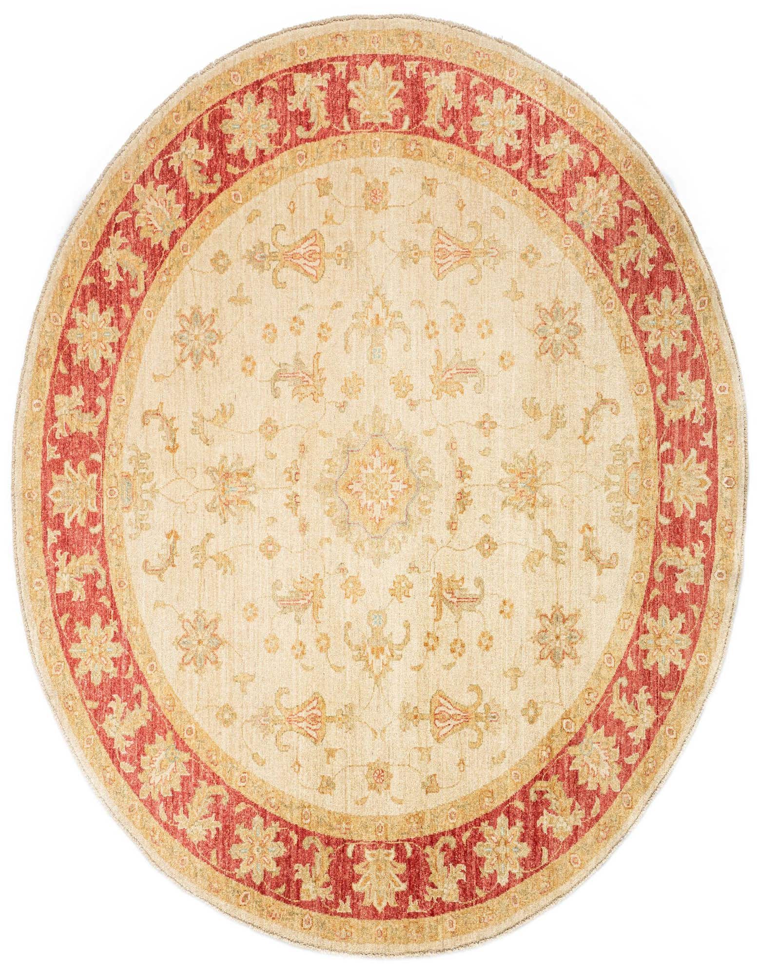 A round 6' 6 x 6' 7 Persian wool rug in shades of brown, tan, and ivory, featuring an intricate floral medallion pattern and a bold red border.