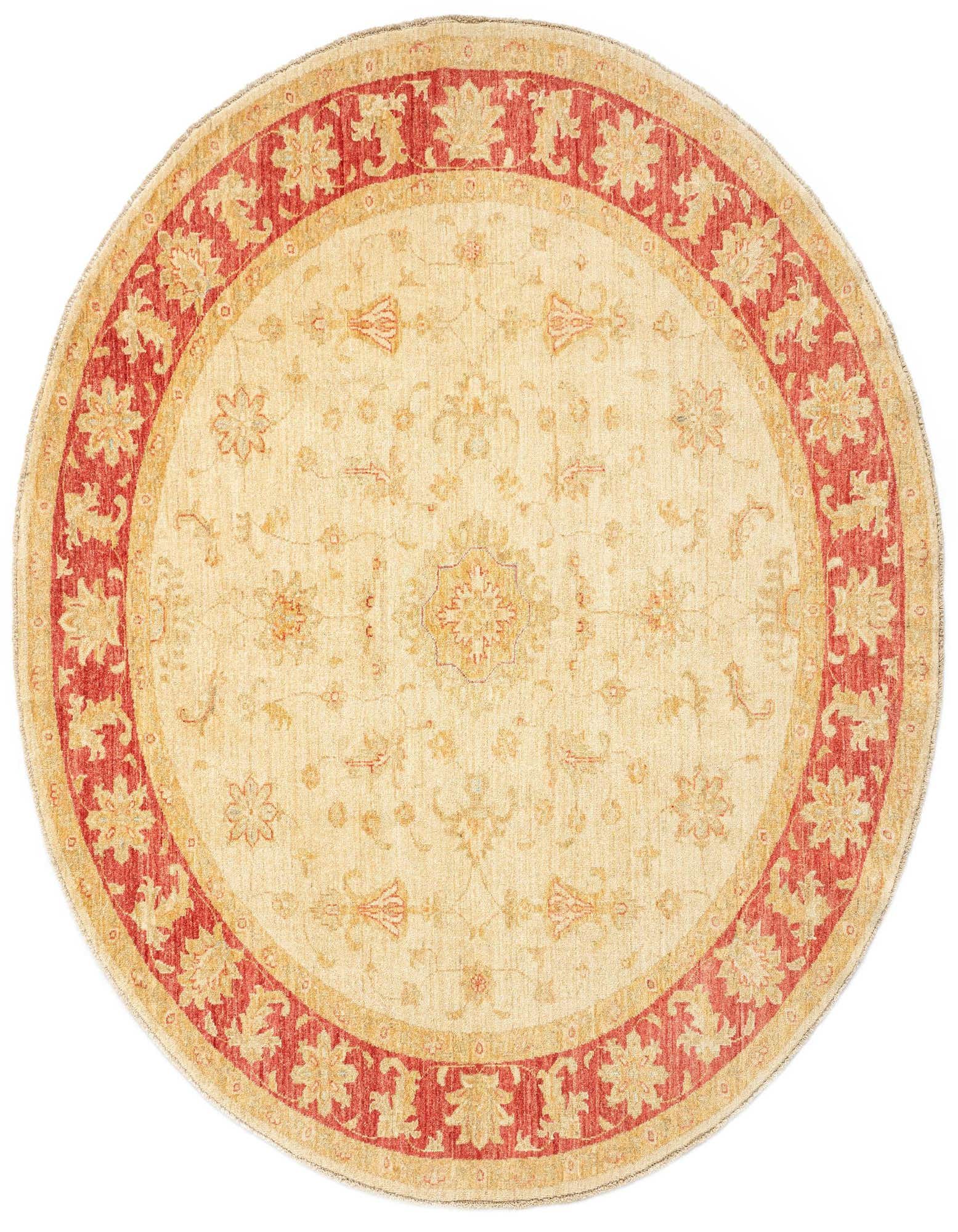 A round Persian rug, 6' 6 x 6' 7, featuring a cream and tan field with a detailed red and gold floral border.