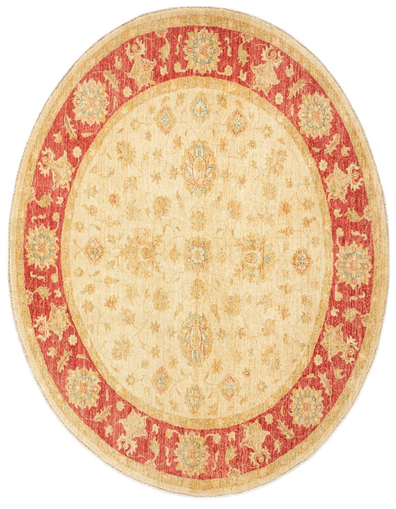 A round 6' 6 x 6' 7 Persian wool rug in shades of brown, tan, and cream with a red floral border.