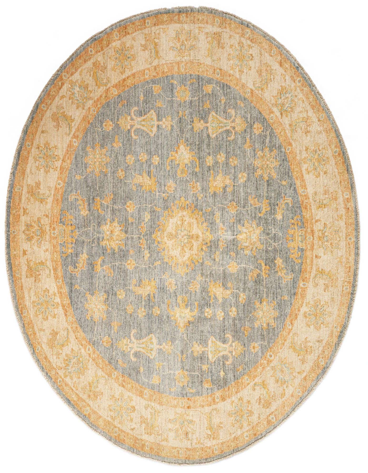 A round Kaizar Persian rug, 6' 7 x 6' 8, featuring a central medallion and floral patterns in browns, tans, and ivories against a muted blue-gray background, with a detailed border.
