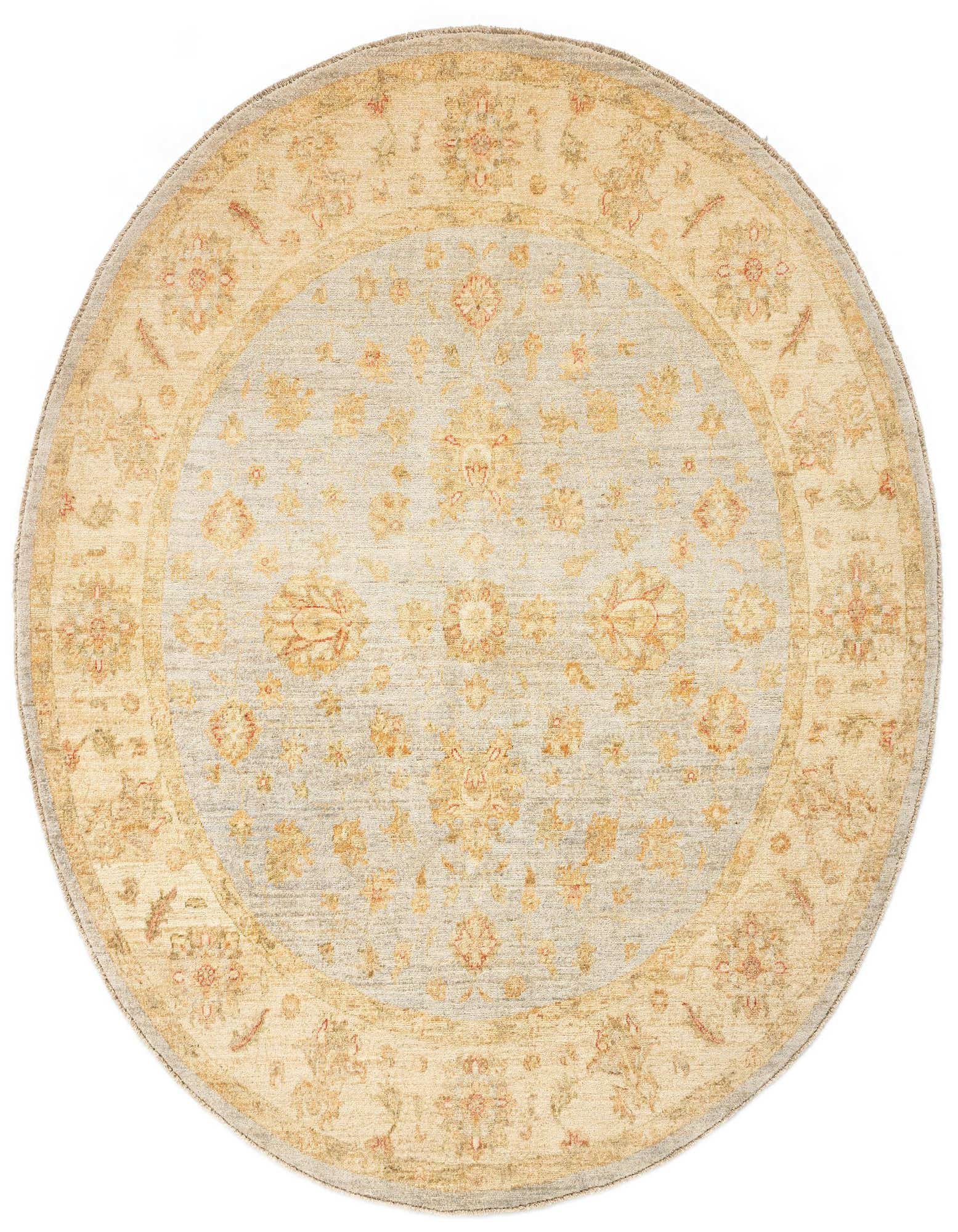 A round 6' 9 x 6' 10 Kaizar Persian rug with a light blue-grey center and a wide tan border, both featuring intricate floral patterns in shades of brown, tan, and ivory.