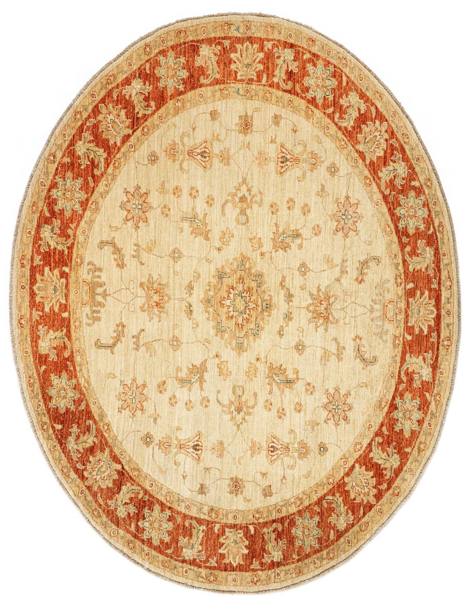 A round, handmade Rugs.com Kaizar Persian rug in ivory and brown, featuring an ornate floral medallion and border.