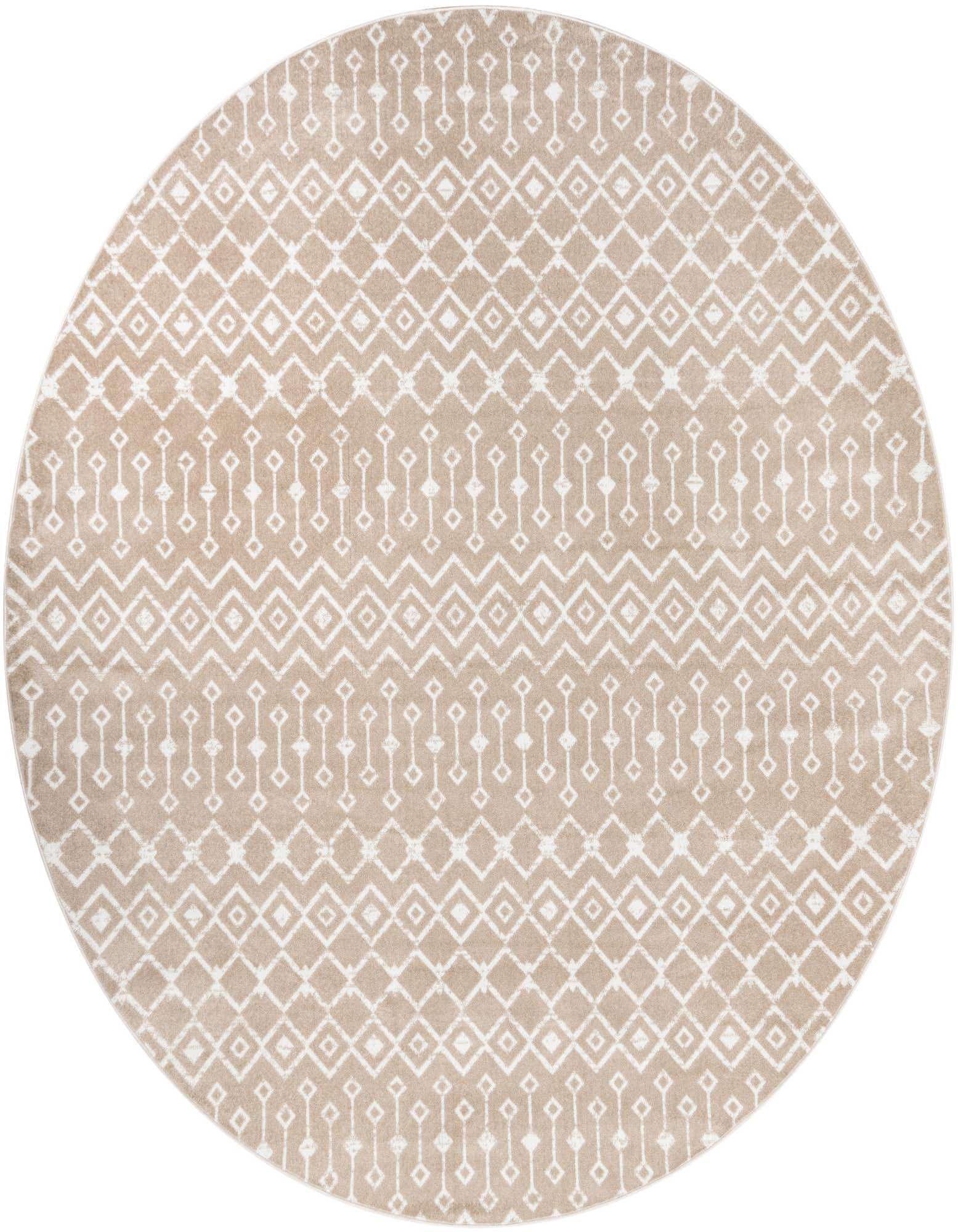 A 10-foot round Kasbah Trellis rug in tan and ivory, featuring a modern tribal pattern of diamonds and zigzags.