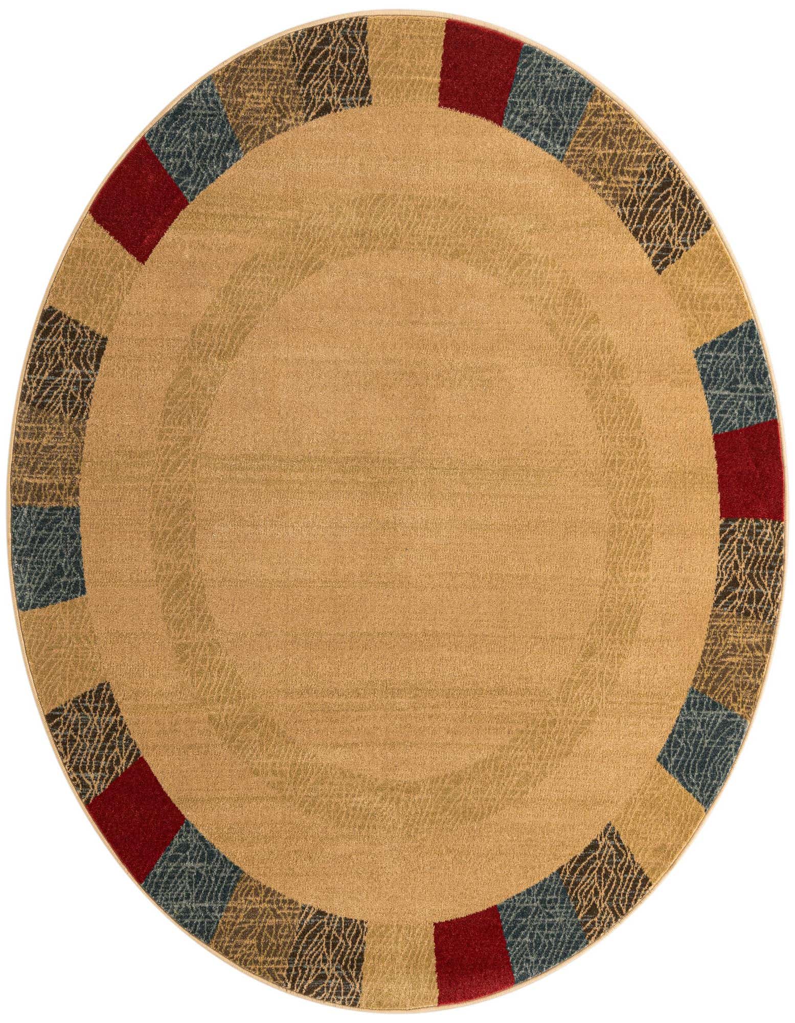 A 6' round tan rug with a border of alternating red, blue, and abstract brown patterned blocks.