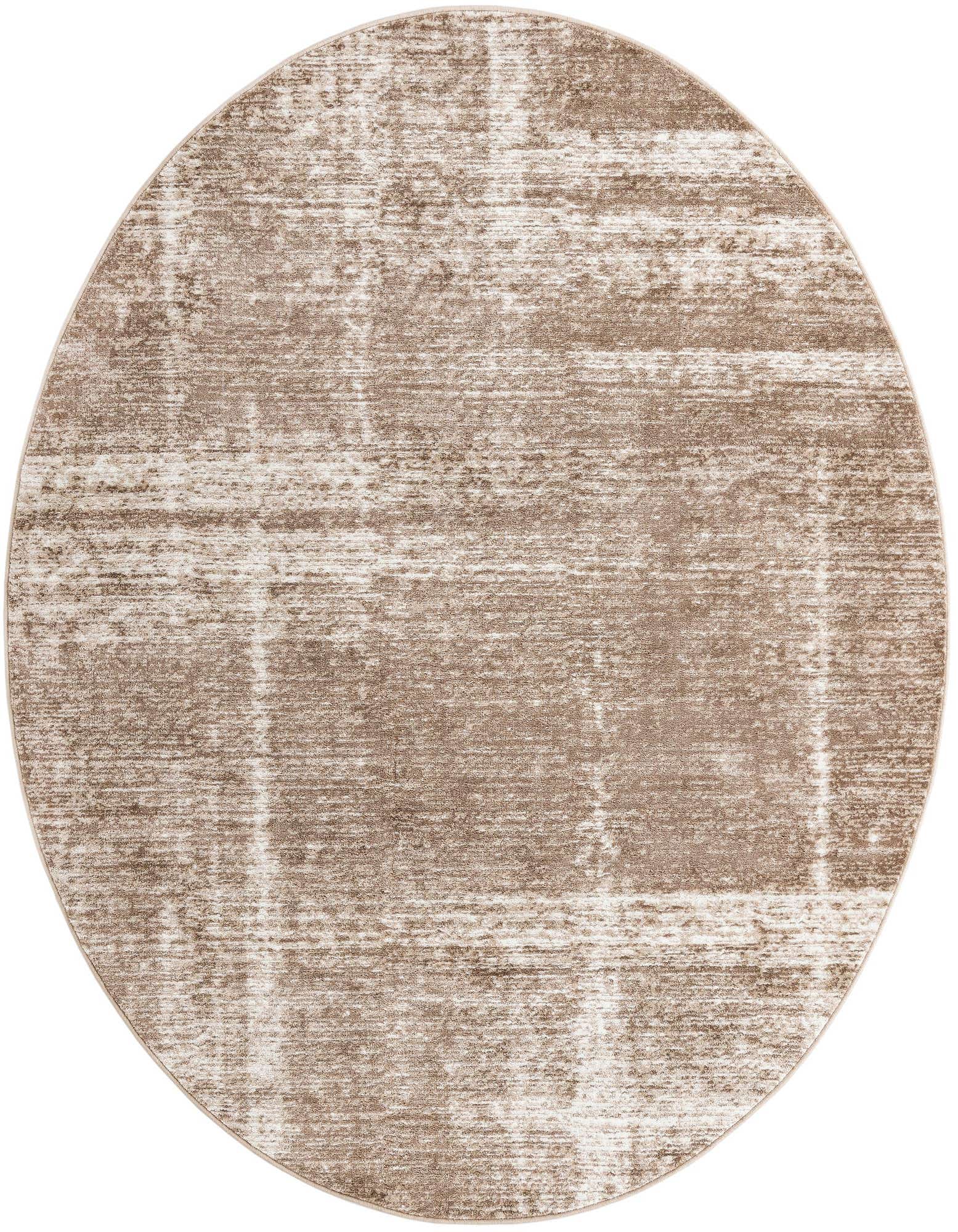 A 7' 10 round Laguna rug from Rugs.com, featuring an abstract pattern in browns, tans, and ivories.