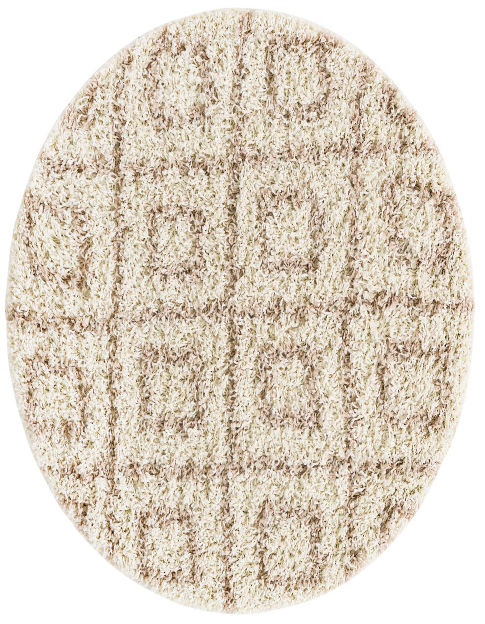 A round, high-low pile shag rug in cream and brown, featuring a modern trellis pattern.