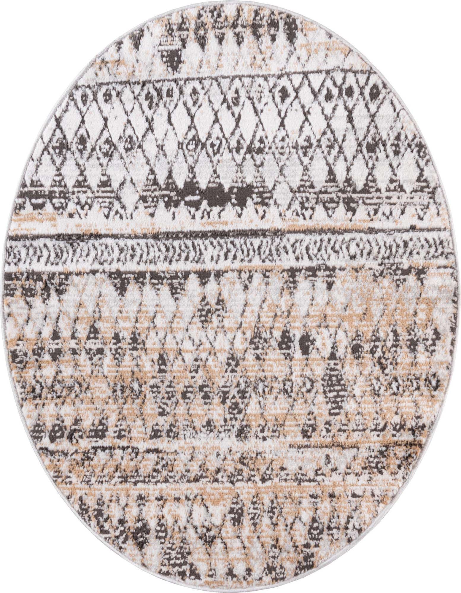 A 3' 3 x 3' 3 round Leipzig rug featuring a distressed tribal pattern in browns, tans, and ivories.