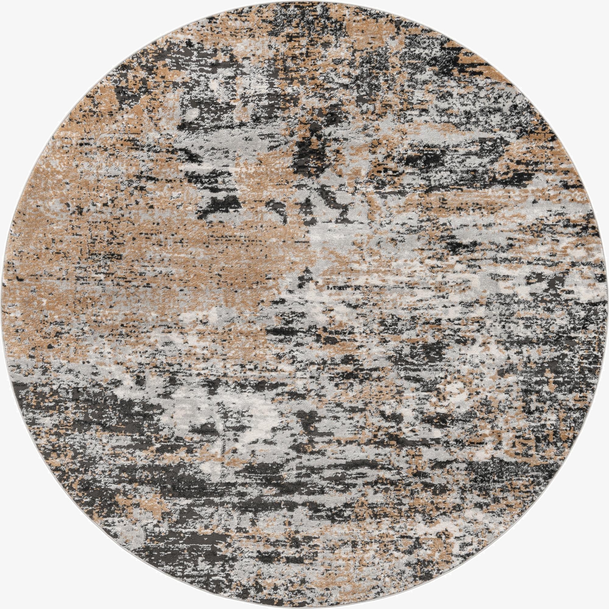 A round 7' 10 x 7' 10 area rug featuring an abstract pattern in shades of brown, tan, ivory, and black, perfect for a modern living space.