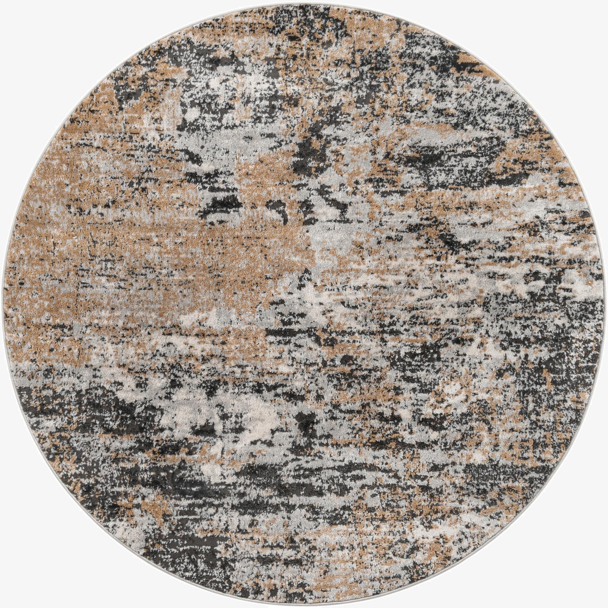 A 5'3" round Leipzig rug by Rugs.com with an abstract pattern in browns, tans, ivories, and creams.
