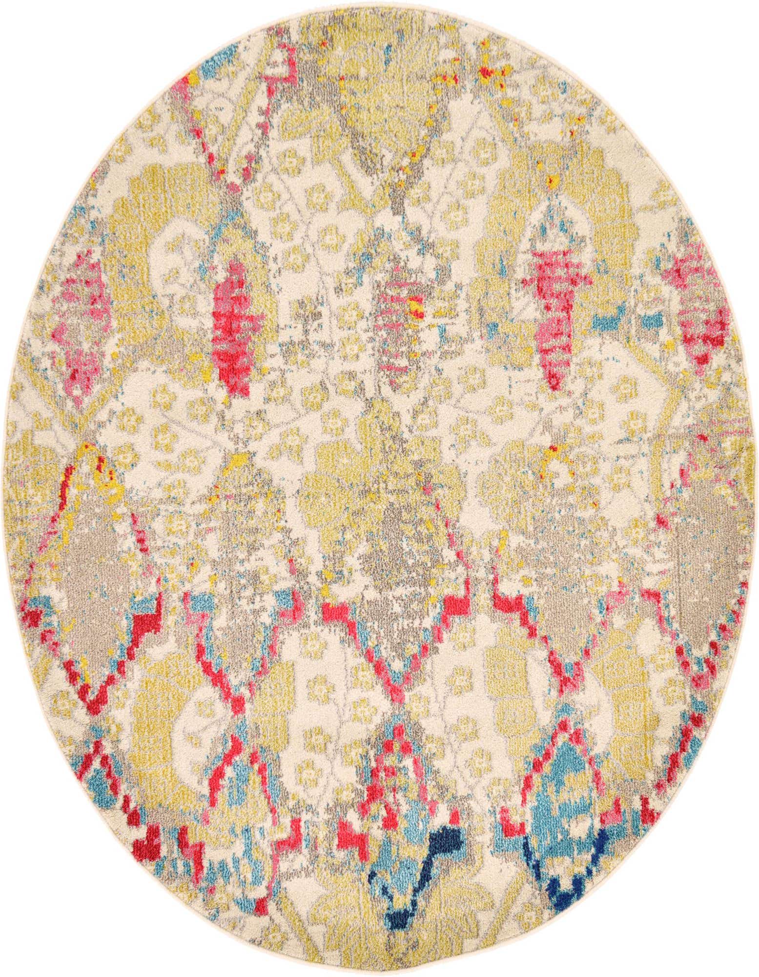 A 6' round Bohemian rug with a distressed pattern in ivory, cream, brown, tan, yellow, pink, and blue.