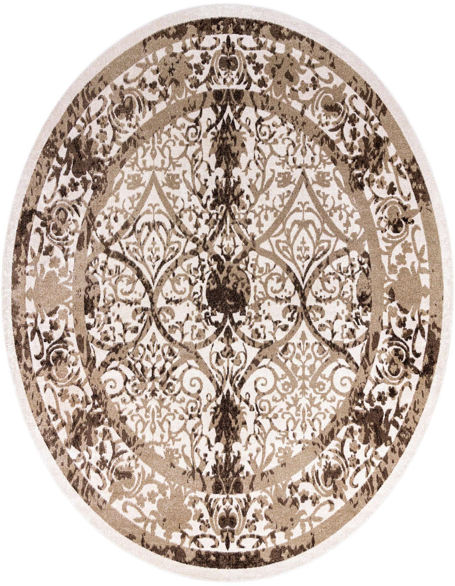 A large round Miranda rug in browns, tans, and ivories with a distressed traditional botanical pattern.