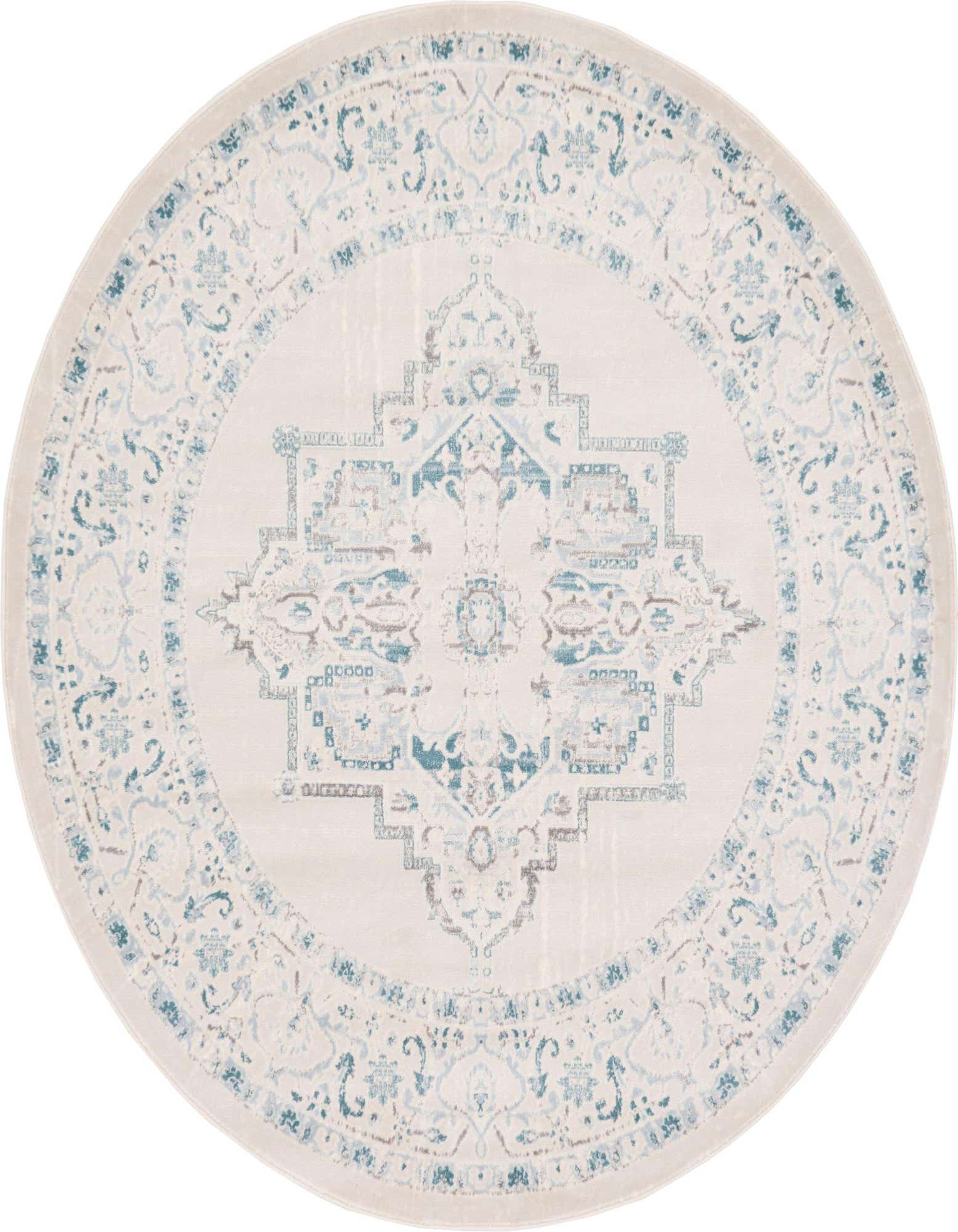 A round 6' x 6' Modern Classical rug featuring an ivory base with a distressed medallion pattern in light blue and brown.