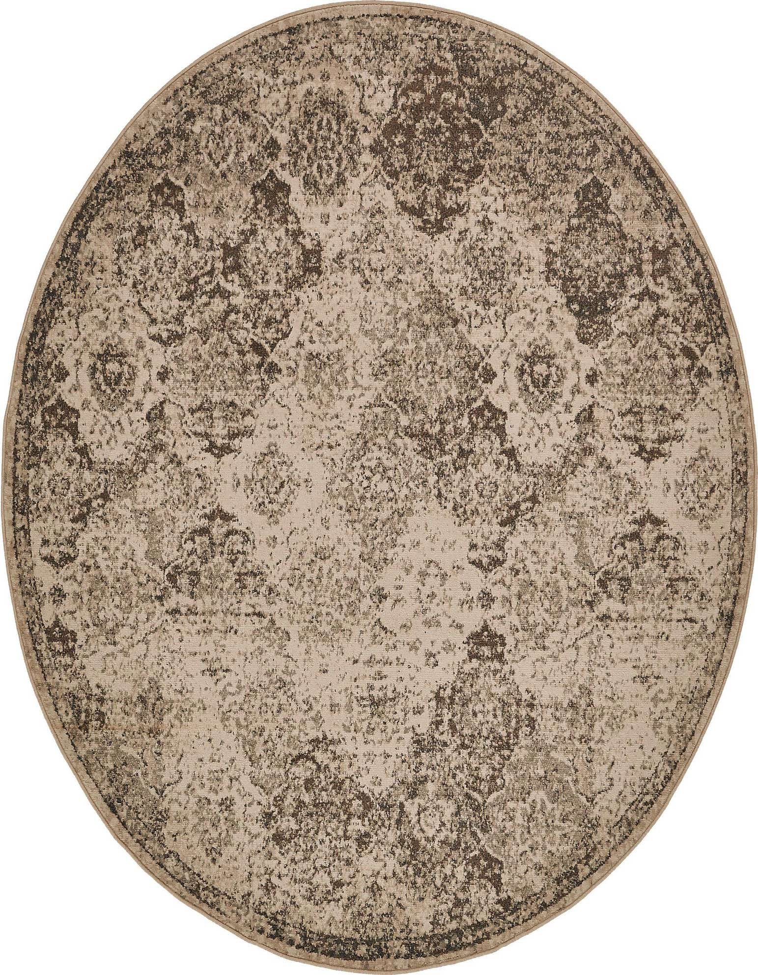 A round 8' x 8' Rugs.com Mojave rug featuring a distressed traditional trellis pattern in shades of brown, tan, and cream.
