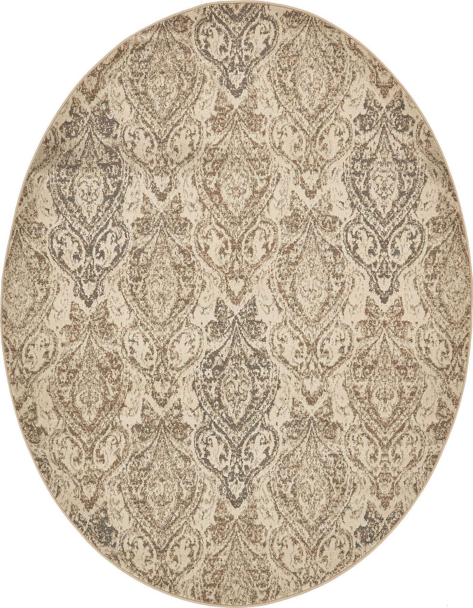 A round, 8' 0 x 8' 0 indoor rug featuring a distressed traditional floral pattern in shades of brown, tan, and cream.