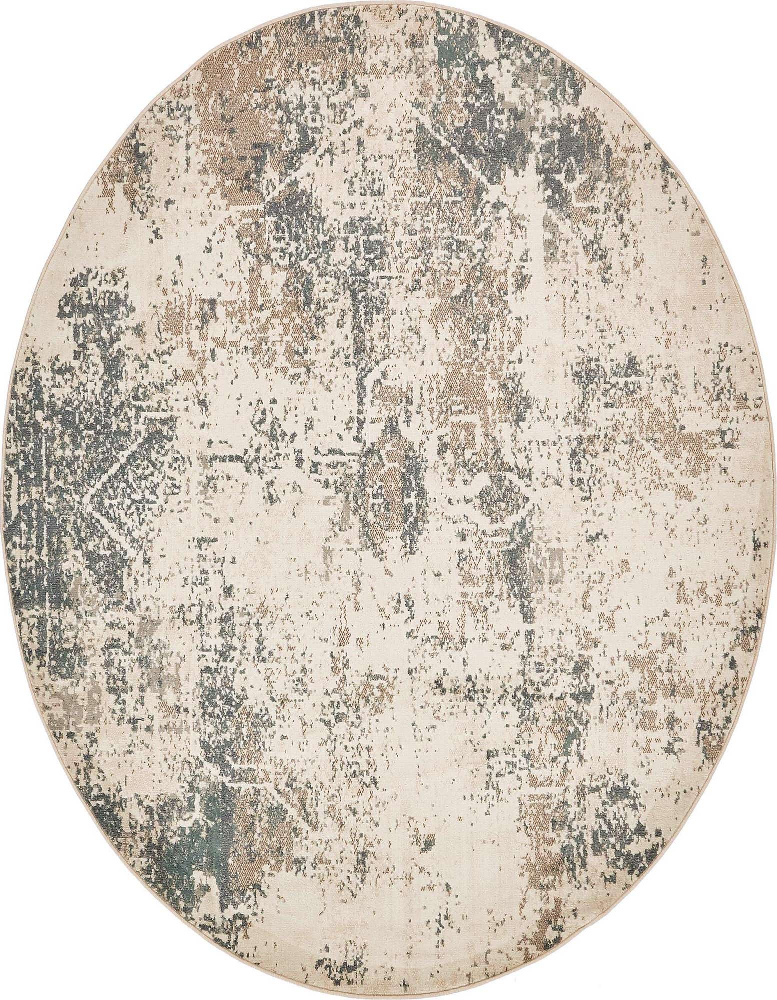 Round abstract rug in shades of brown, tan, cream, and dark gray, featuring a distressed, vintage-inspired pattern.