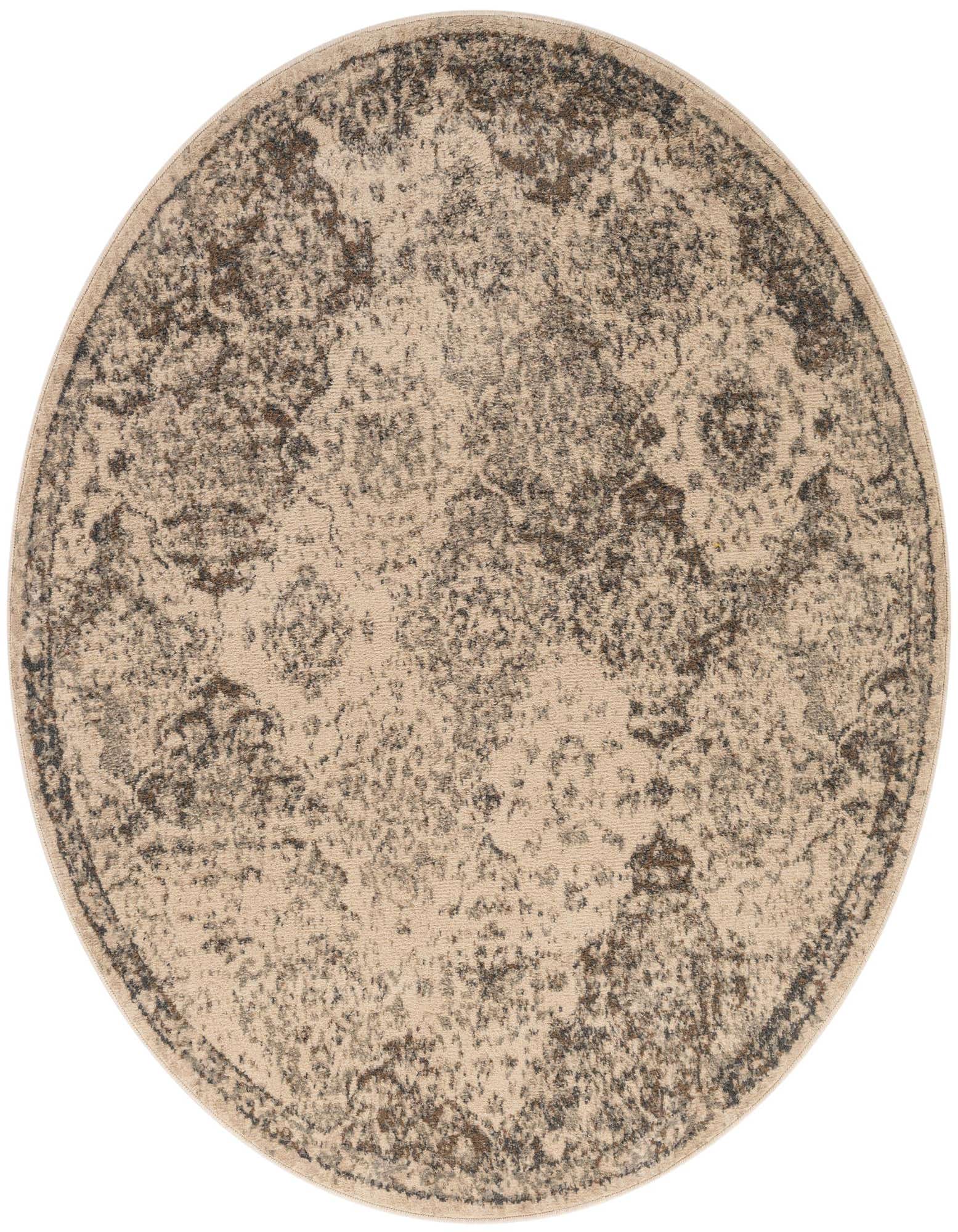 A 6' 0 x 6' 0 round Mojave rug featuring a distressed vintage pattern in browns, tans, and ivories.