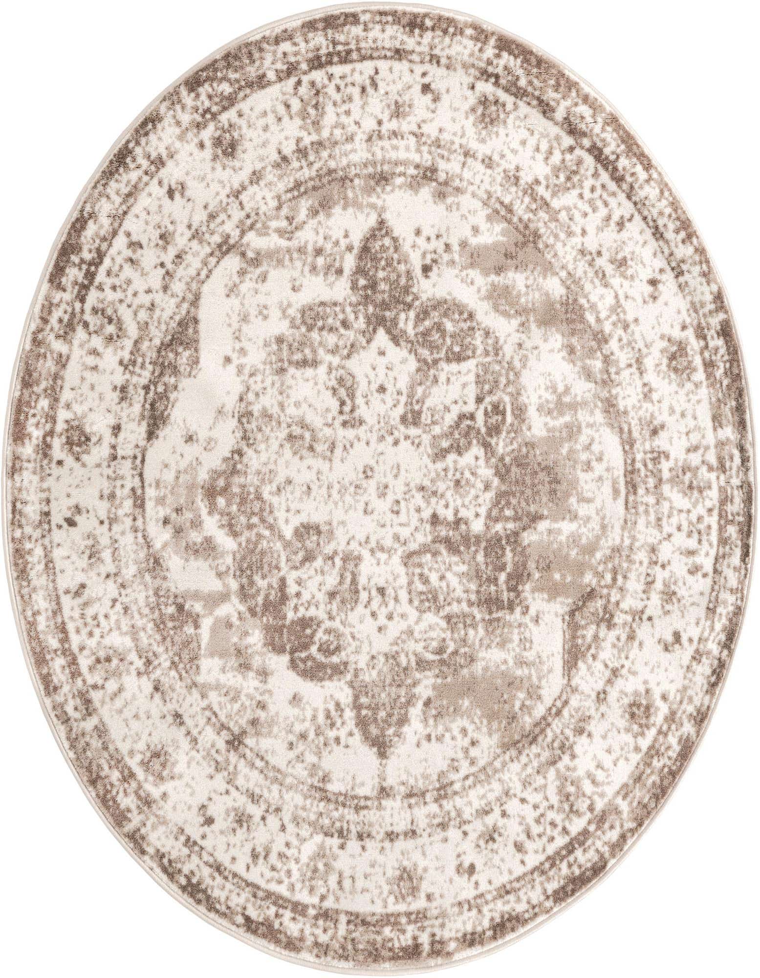A 6' 0 x 6' 0 round Monte Carlo rug featuring a distressed medallion pattern in browns, tans, and ivories.