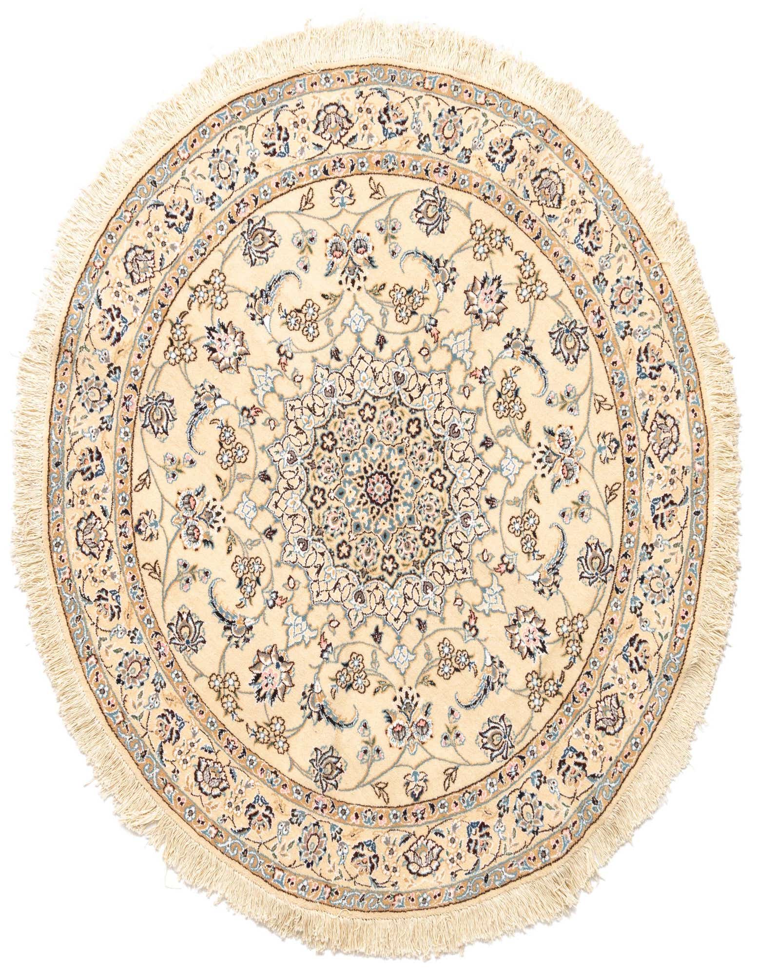 A round 4' 11 x 4' 11 Persian rug in cream and brown with intricate floral and medallion patterns, featuring a thin pile and fringe.