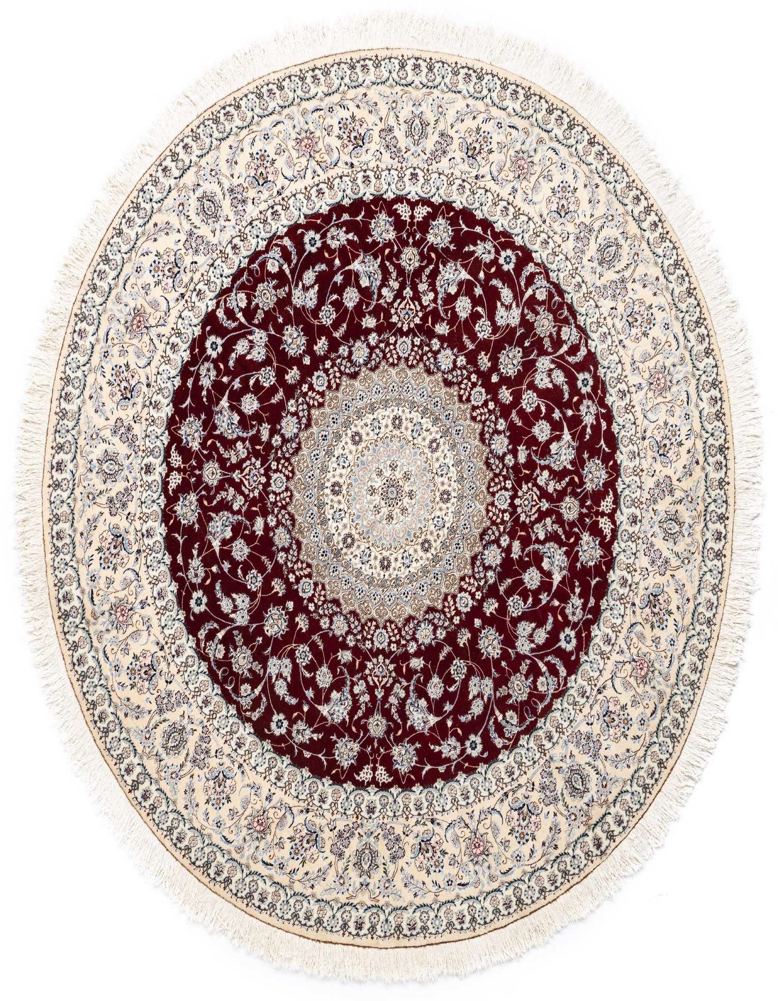 A round 8' 1 x 8' 2 Persian rug with a rich brown medallion center and intricate floral patterns on a cream border, featuring fringe.