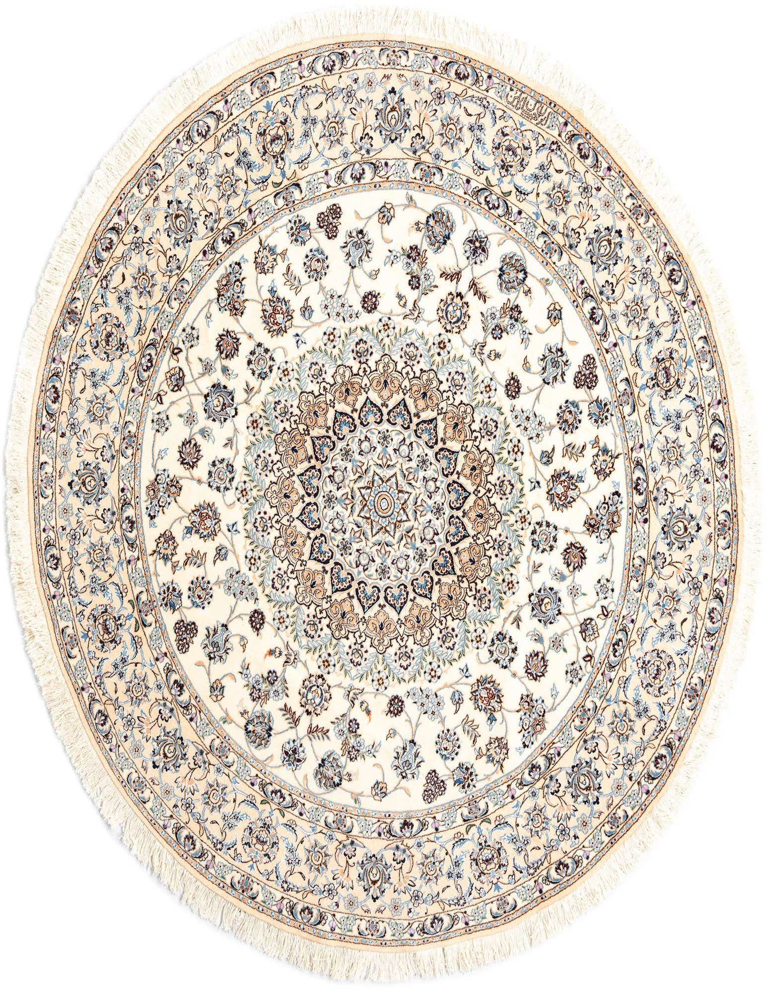 A round 6' 6 x 6' 7 Persian rug with a cream background and intricate floral patterns in browns, tans, and light blues.