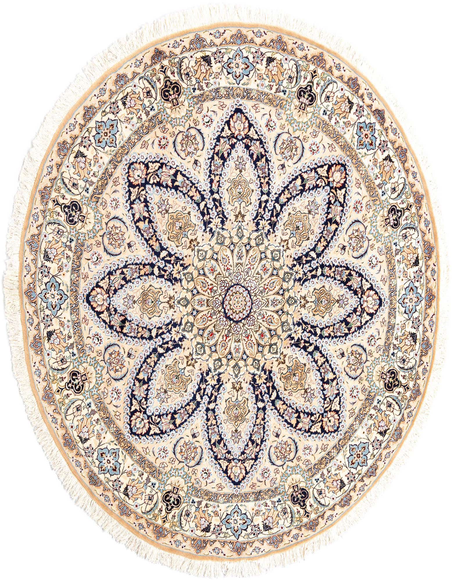 A round 6' 9 x 6' 10 Persian rug featuring a central medallion and intricate floral patterns in ivories, creams, and browns, with fringed edges.