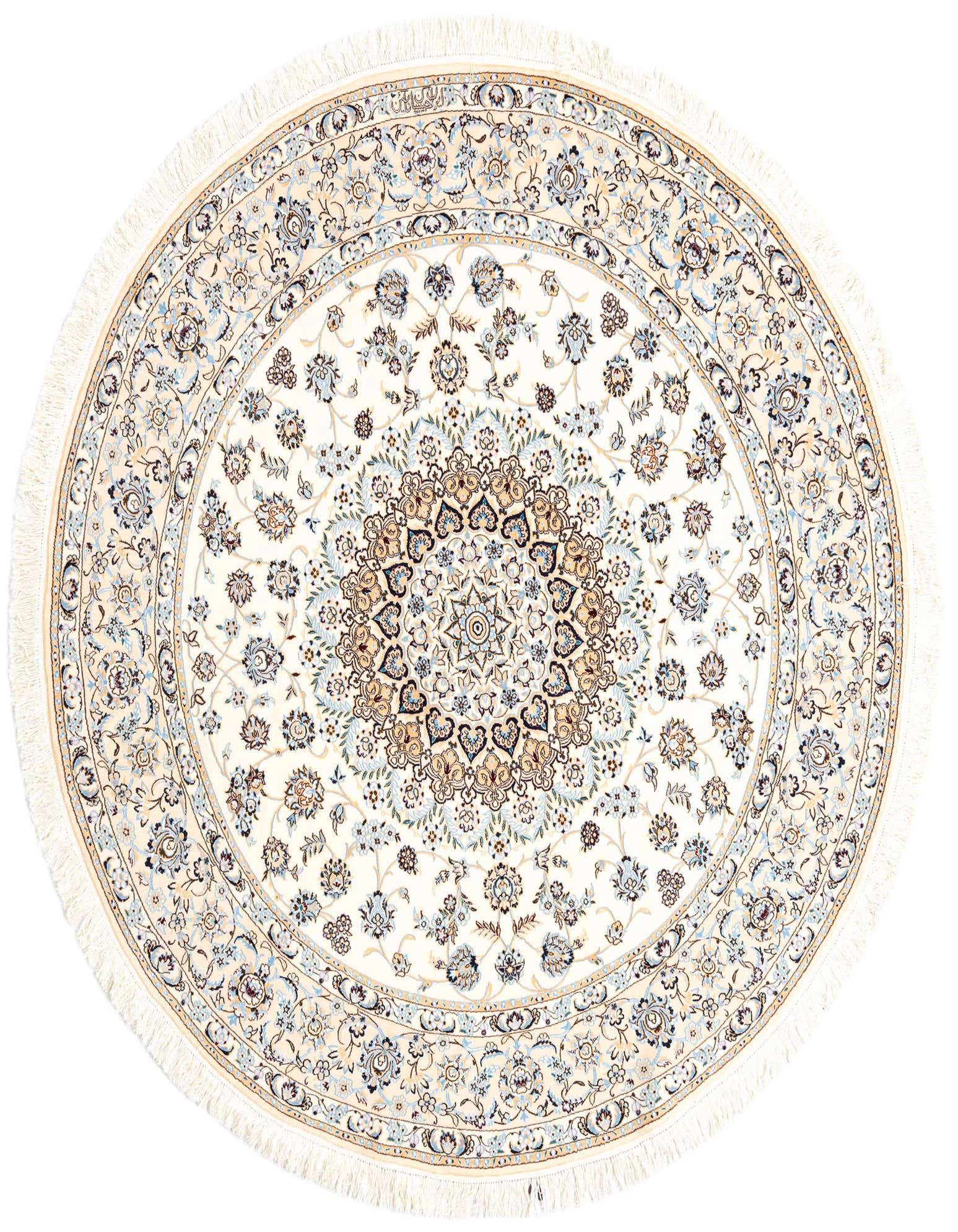 A round 6' 6 x 6' 7 Persian rug featuring a detailed ivory and cream background with intricate brown and tan floral patterns and a central medallion.