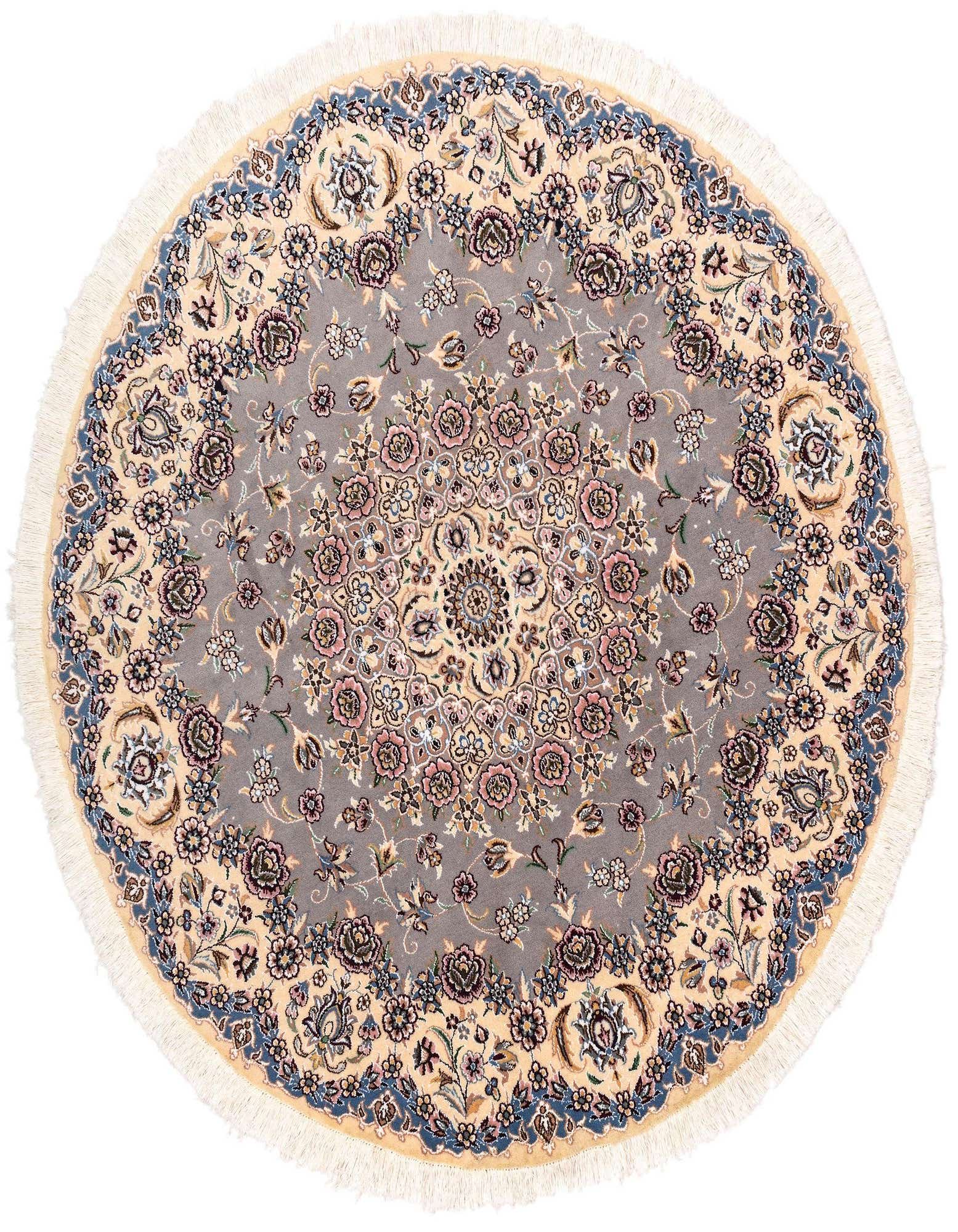 A round 4' 11 x 4' 11 Persian rug with a gray center, intricate floral patterns in pinks and blues, and a cream border with fringe.