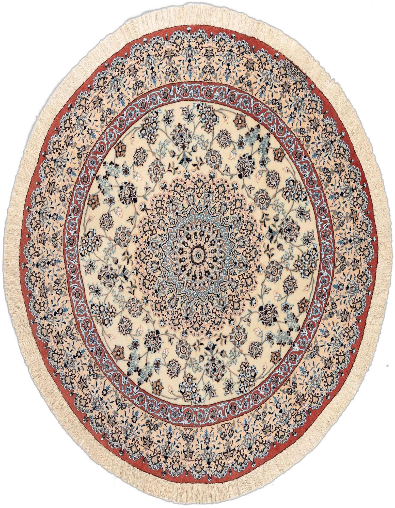 A round 5' 3 x 5' 3 Persian rug with a central medallion, featuring intricate floral patterns in browns, tans, and creams, with a red border and fringe.