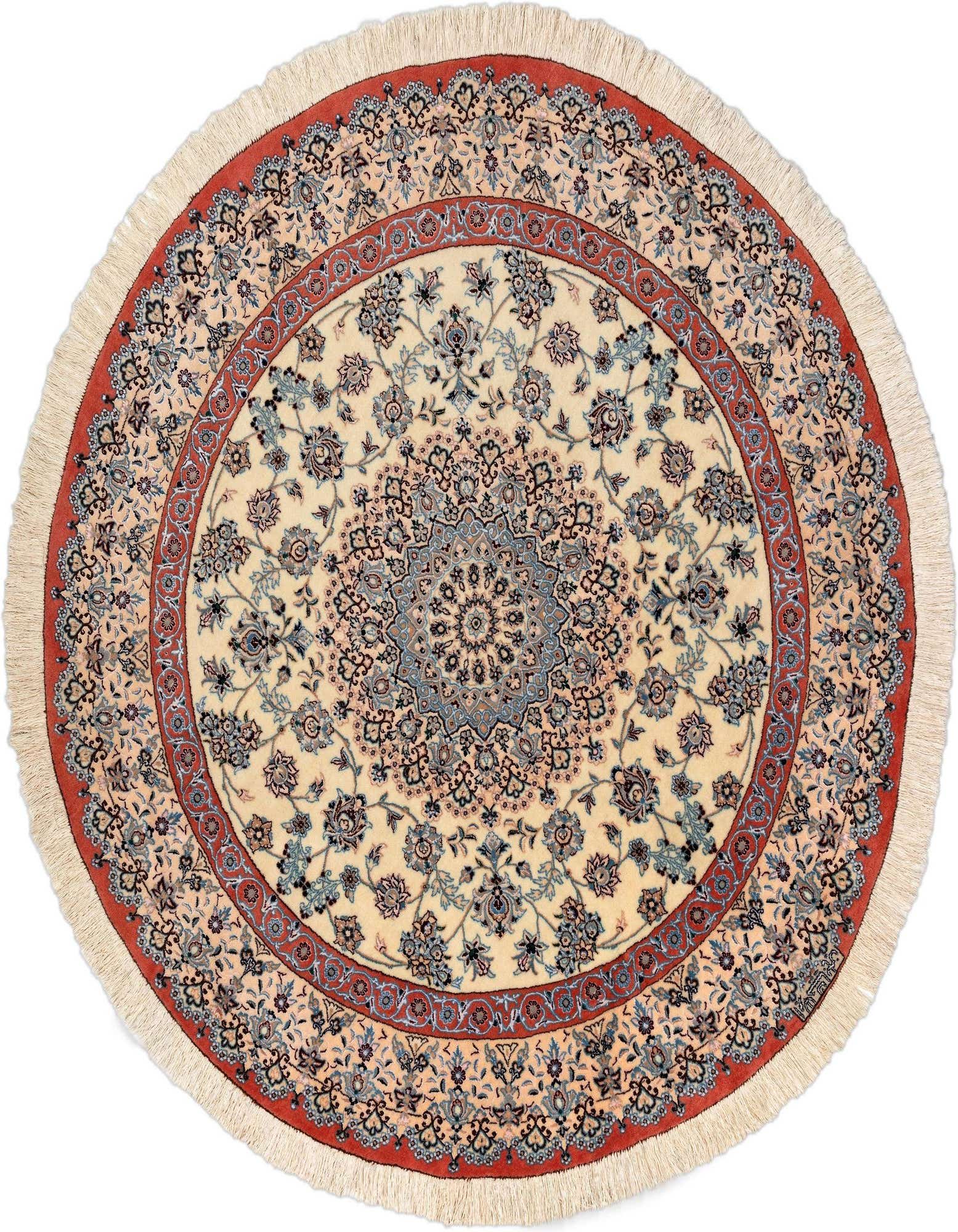 A 5' 3 round Persian rug with a cream background, intricate floral patterns in blue and brown, and a terracotta border.
