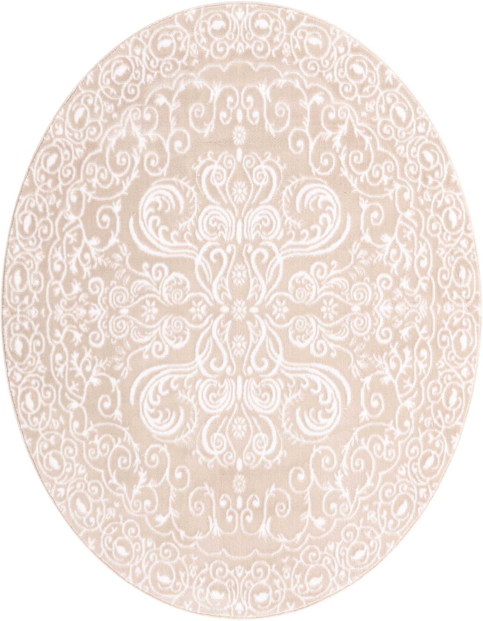 A 5' round Nepal rug featuring a detailed ivory Victorian floral pattern against a light tan background.