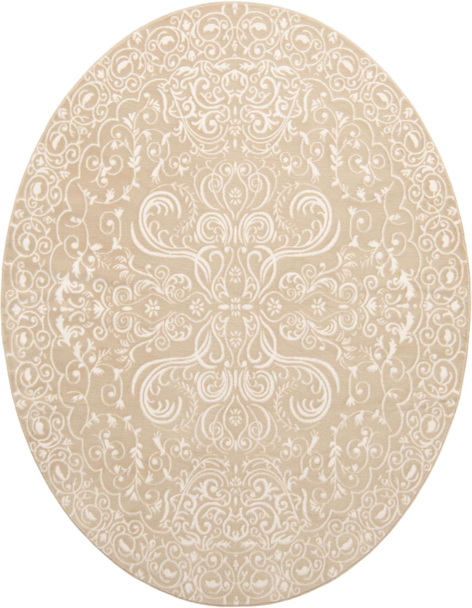 A 7' 10 round Nepal rug from Rugs.com featuring an intricate ivory floral and medallion pattern on a tan background.