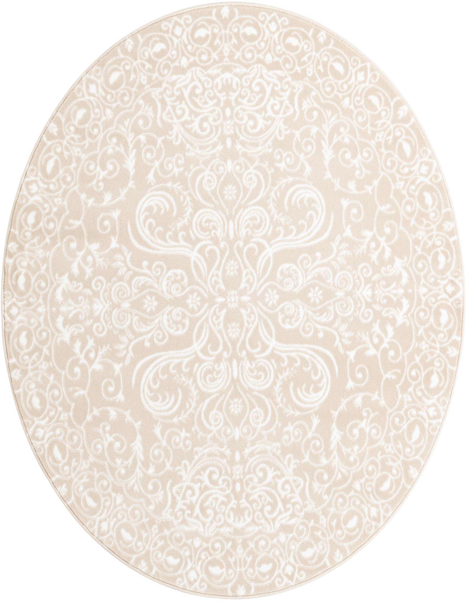 A round 6' 0 x 6' 0 Nepal rug featuring an intricate traditional floral pattern in cream against a tan background.
