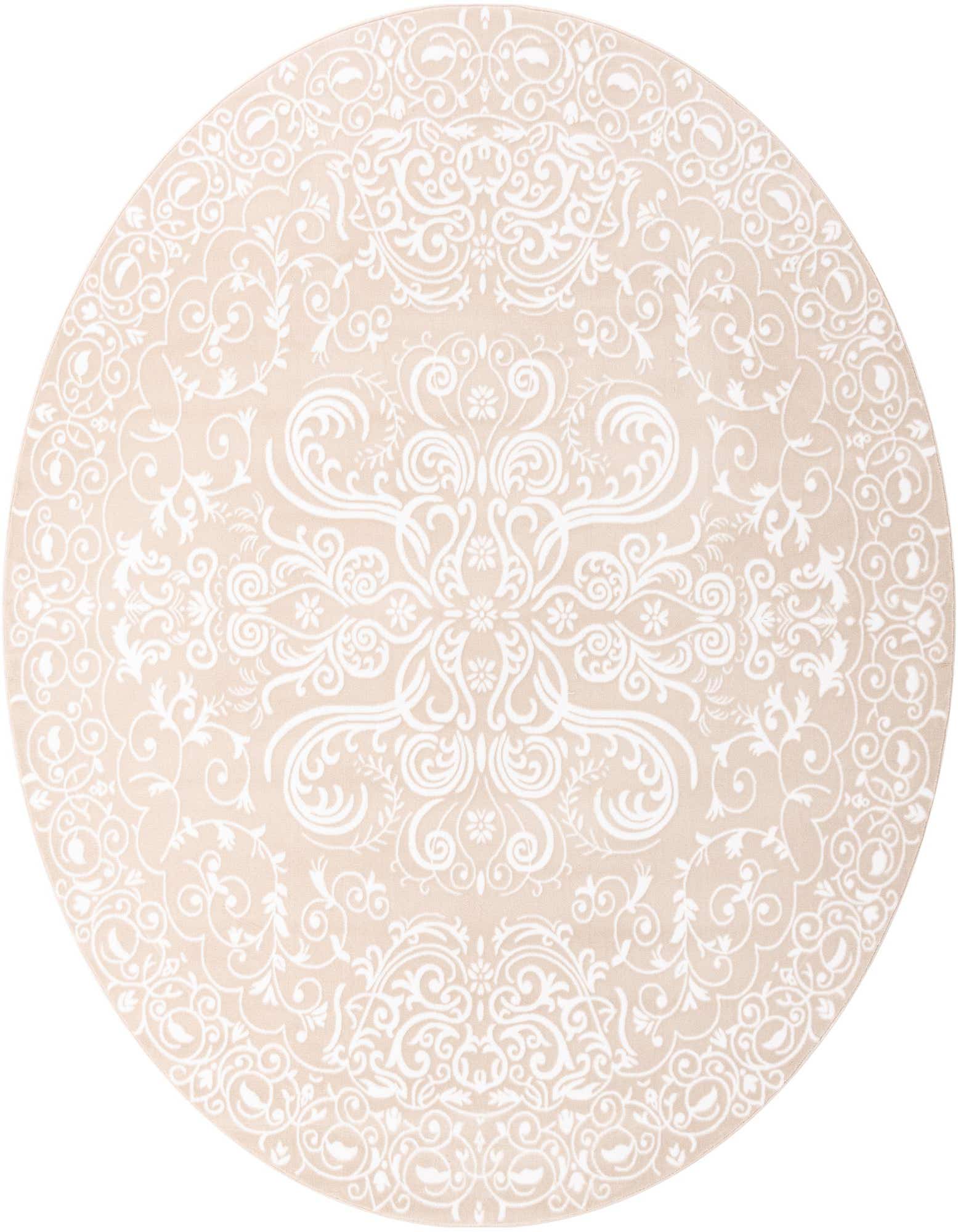 A large round beige rug with an intricate white floral and scrollwork medallion pattern, suitable for a living room.