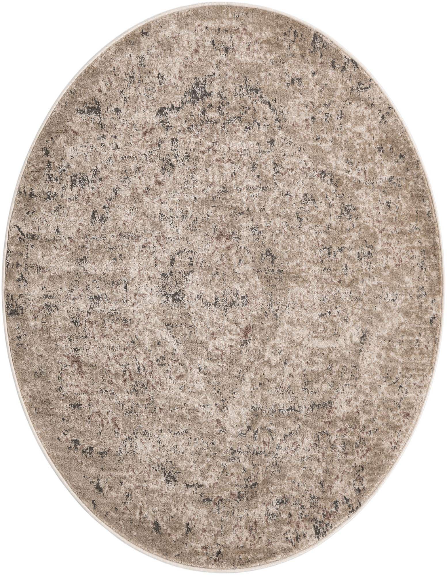 A 5' 3 round shabby-chic rug in shades of brown, tan, and cream, featuring a textured, distressed pattern.