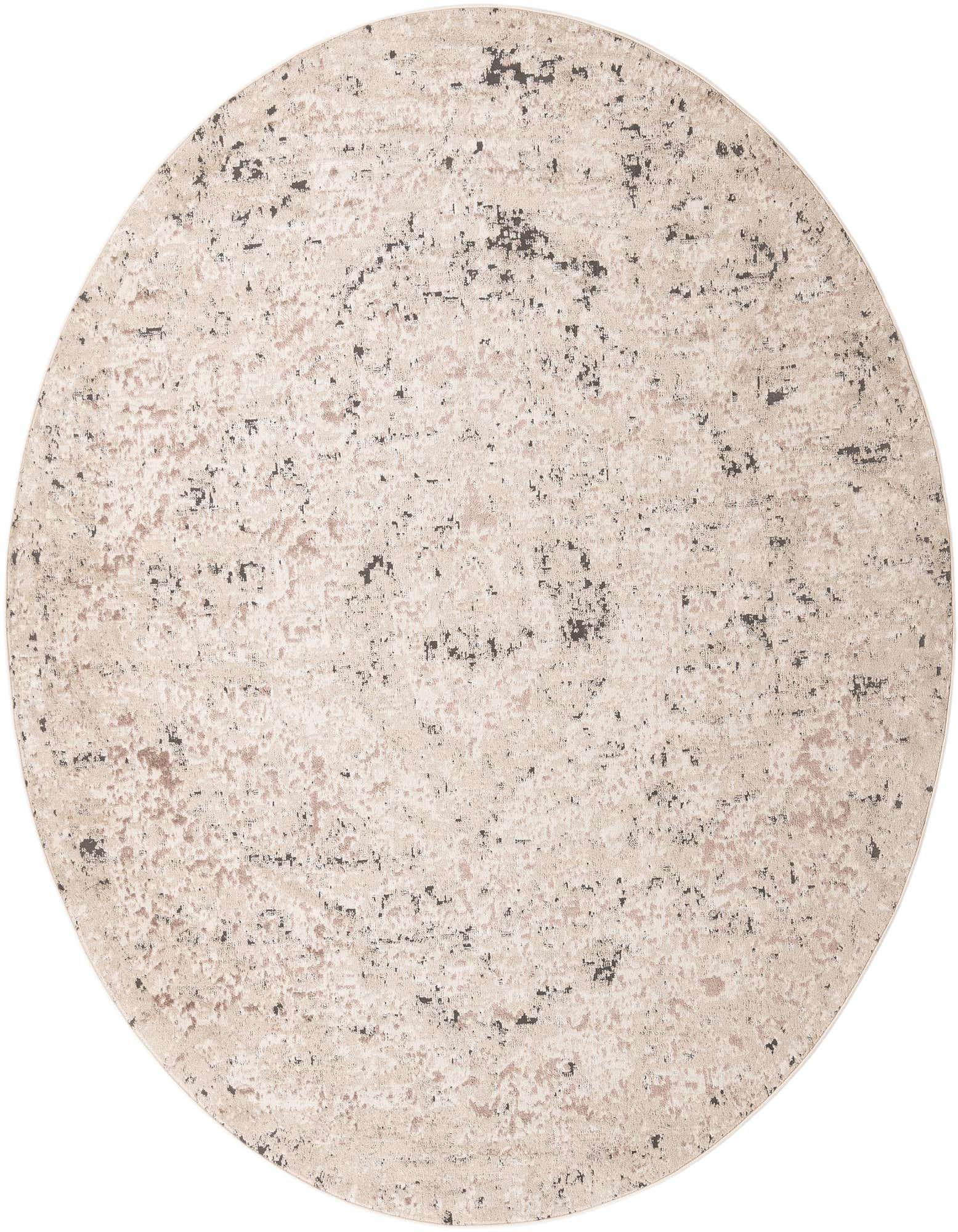 A 10-foot round Oregon Collection rug by Rugs.com, featuring a distressed transitional pattern in browns, tans, and ivories.