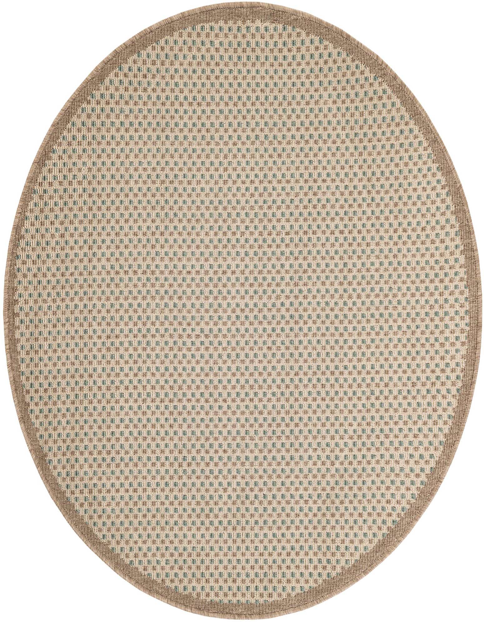 A 4' round indoor/outdoor rug with a modern pattern of small brown and teal squares on an ivory background, framed by a solid brown border.