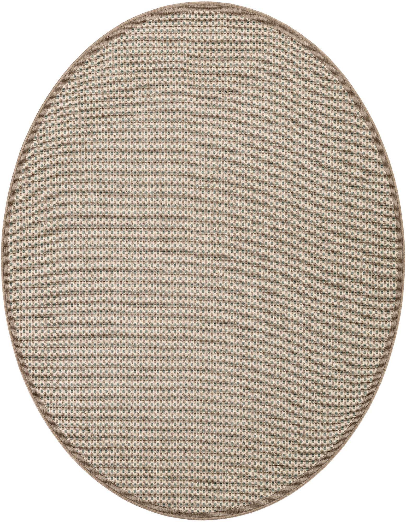 A 6' round indoor/outdoor rug in a textured tan and cream weave with a subtle brown border, perfect for a patio.