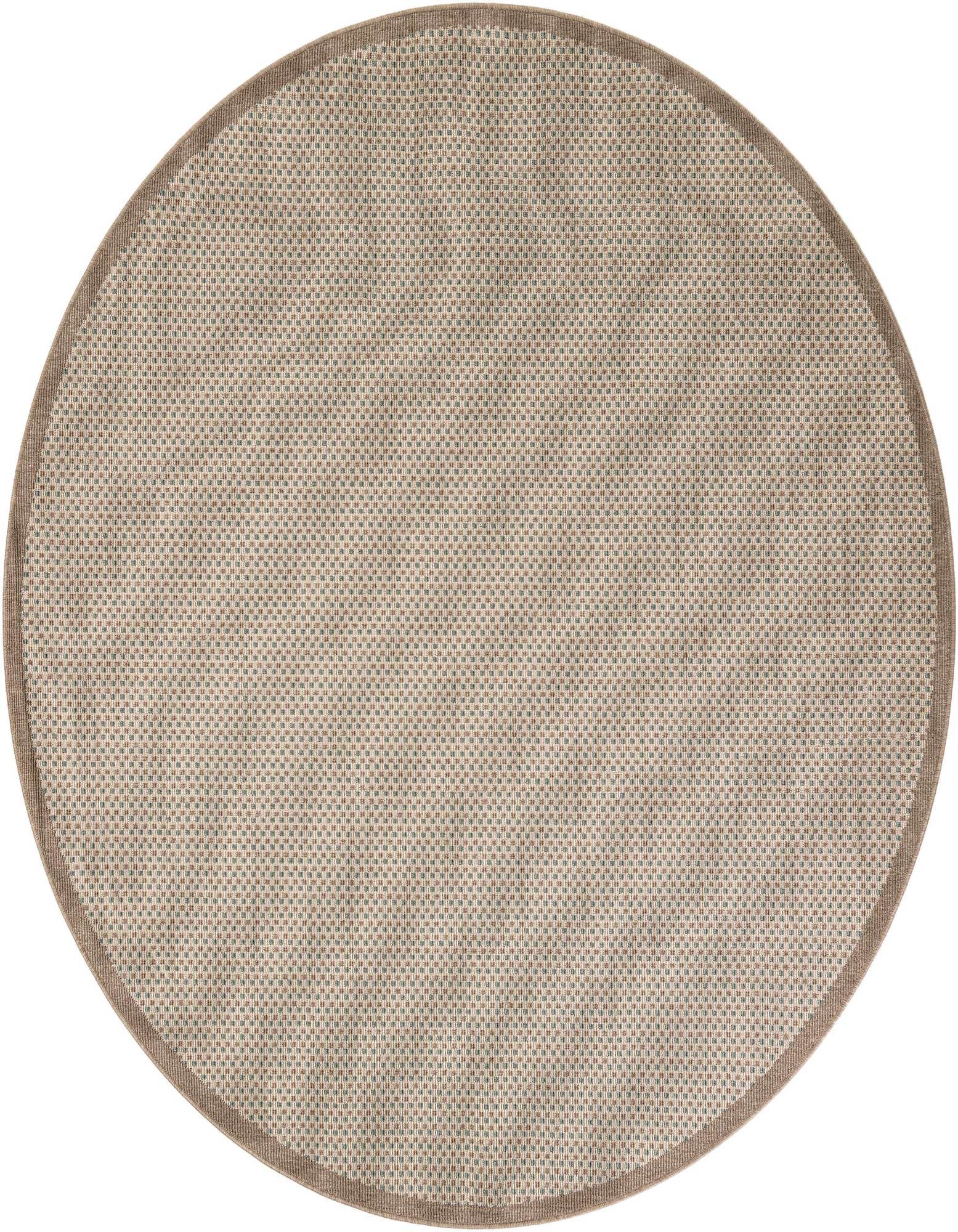 A 7' 10 round brown and ivory modern flatweave rug with a solid border, suitable for indoor or outdoor use.