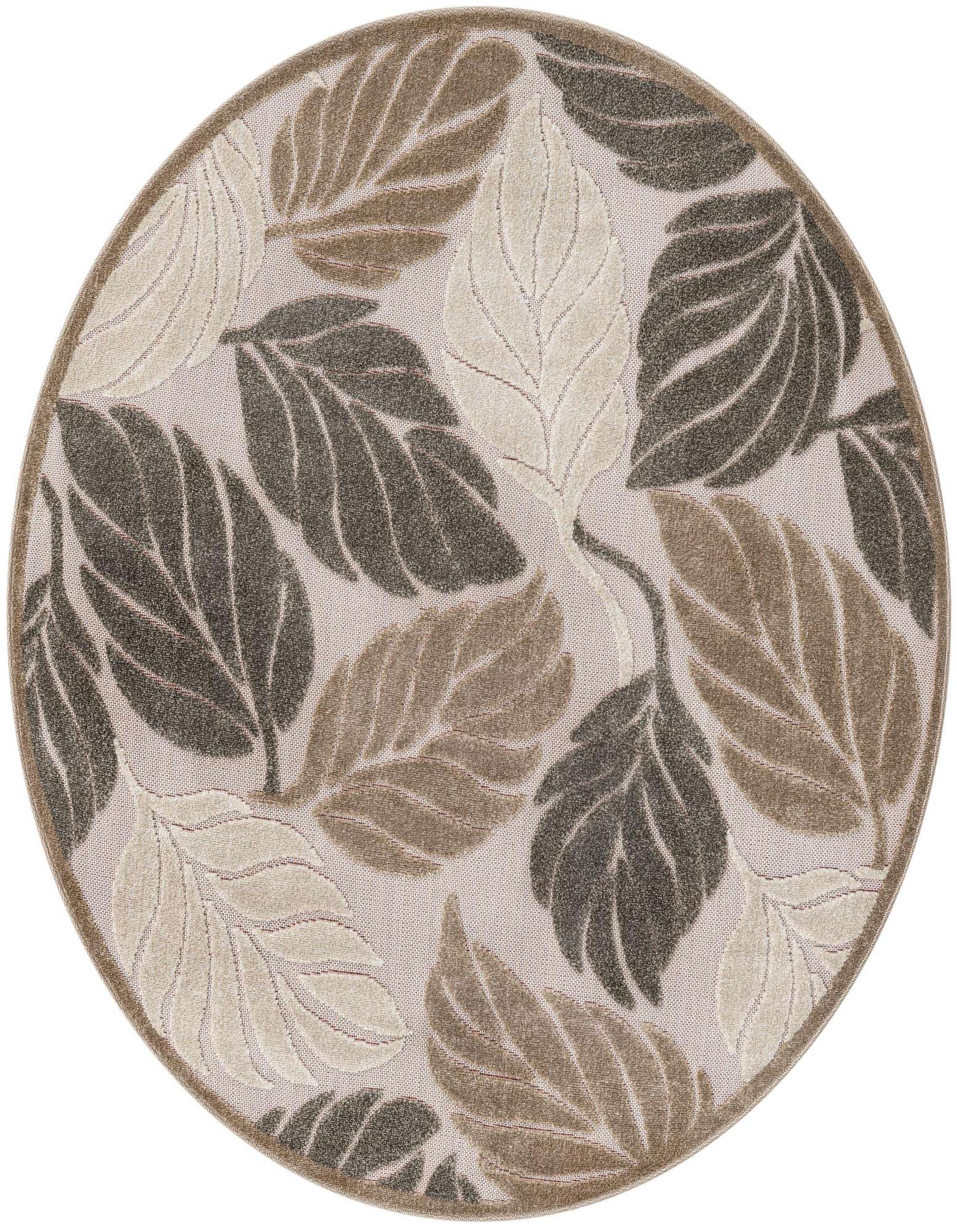 Round indoor/outdoor rug with a botanical leaf pattern in shades of brown, tan, and cream on a light background.