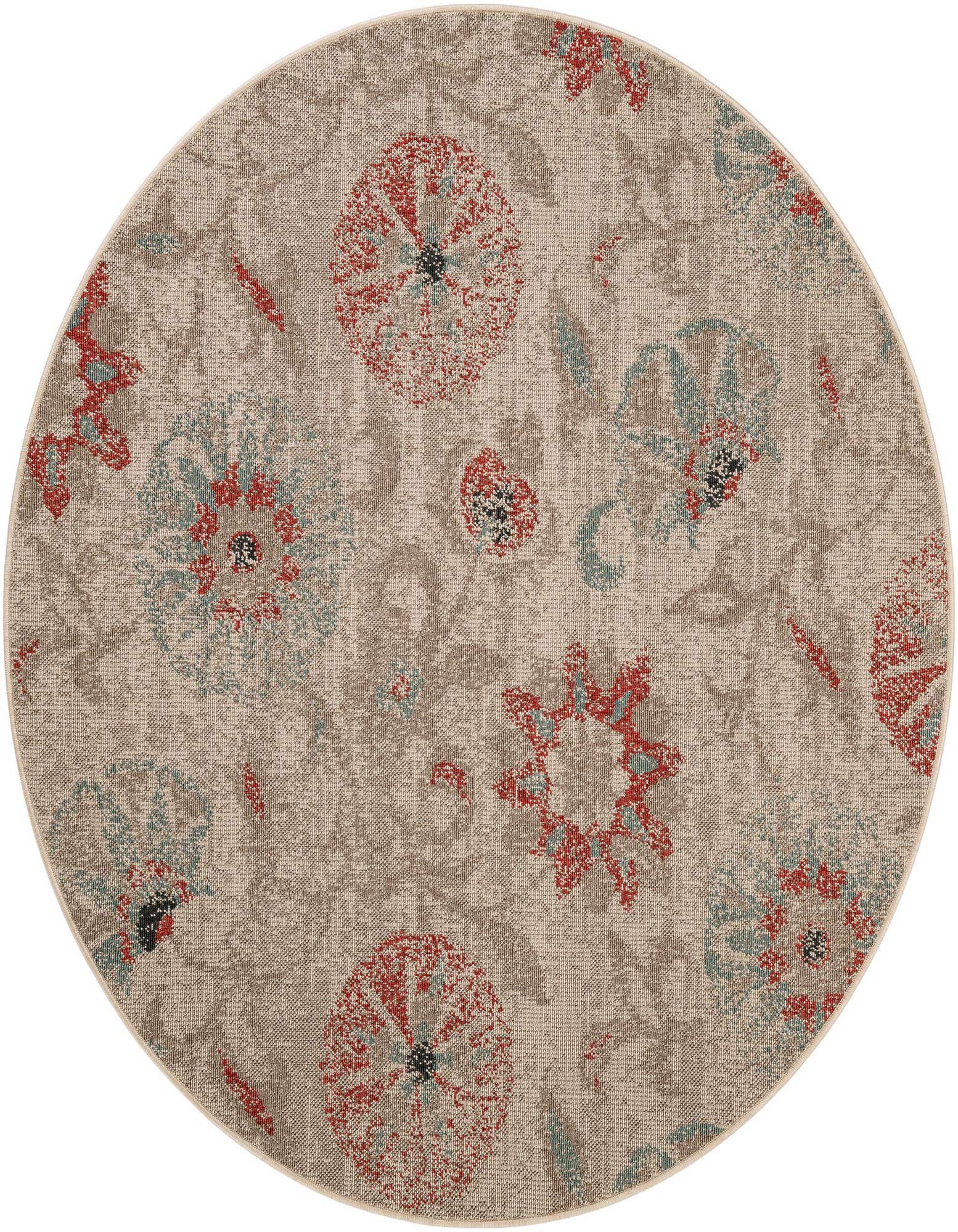 A 6' round brown and tan rug with a modern floral pattern in red and light blue, suitable for indoor or outdoor use.