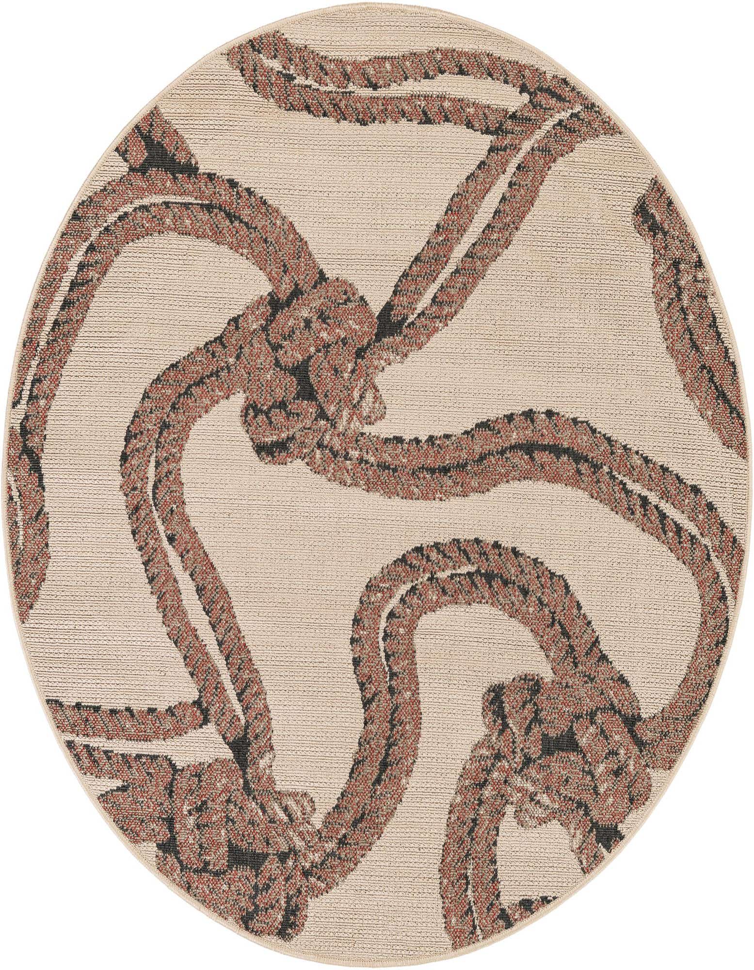 A round, flatweave rug with a nautical rope pattern in shades of brown and tan on an ivory background, suitable for indoor or outdoor use.
