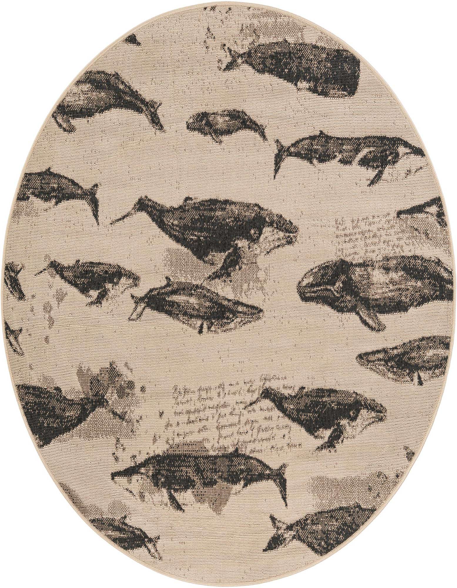 Round indoor/outdoor rug with a modern beach/nautical theme, featuring various brown whale illustrations on a cream background.