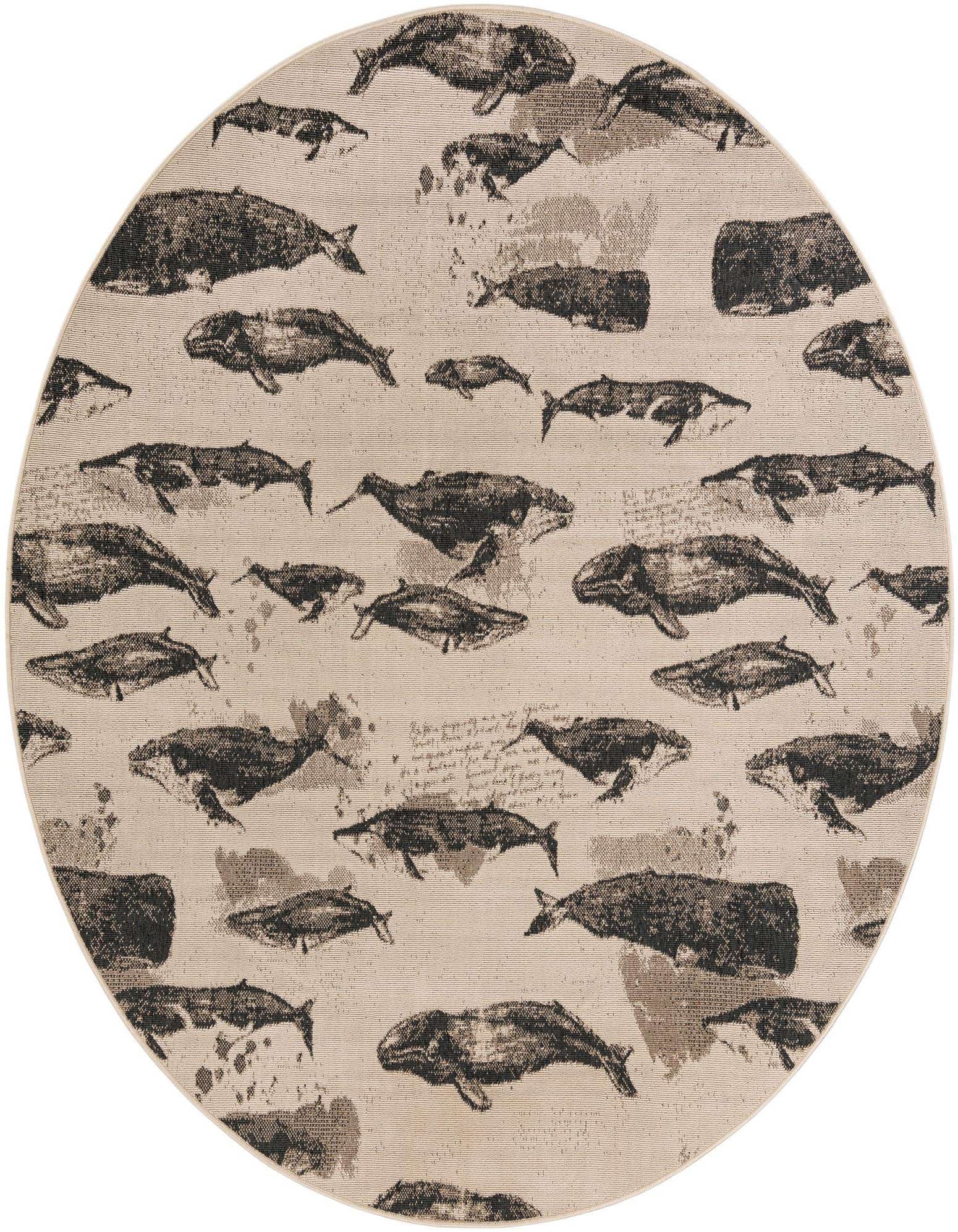 A round, flatweave indoor/outdoor rug featuring a modern pattern of various brown whale silhouettes and script on an ivory background.